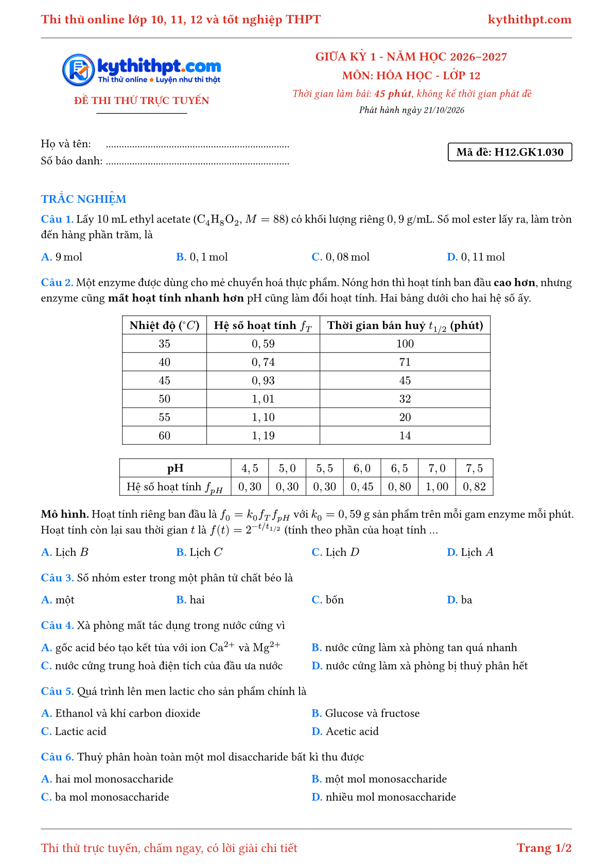 Trang đầu Đề thi thử online giữa kỳ 1 môn Hóa học lớp 12 - full trắc nghiệm - đề 030
