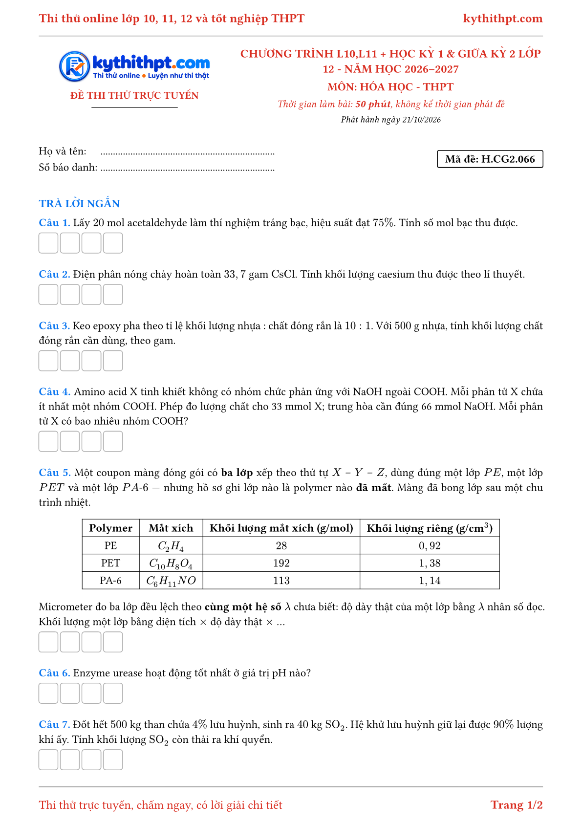 Trang đầu Đề thi thử online môn Hóa học theo chương trình lớp 10, 11 và học kỳ 1, giữa kỳ 2 lớp 12 - ôn luyện trả lời ngắn - đề 067