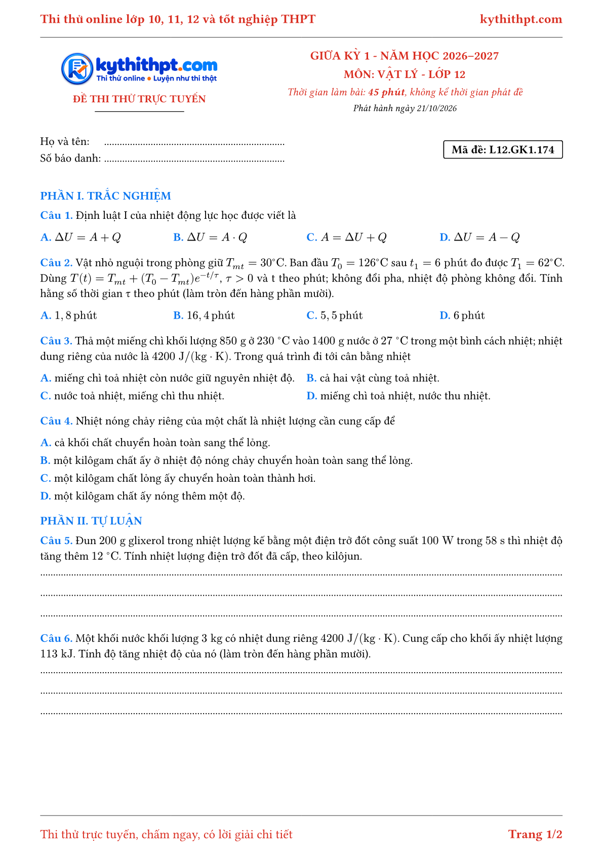 Trang đầu Đề thi thử online giữa kỳ 1 môn Vật lý lớp 12 - trắc nghiệm + tự luận nâng cao - đề 179