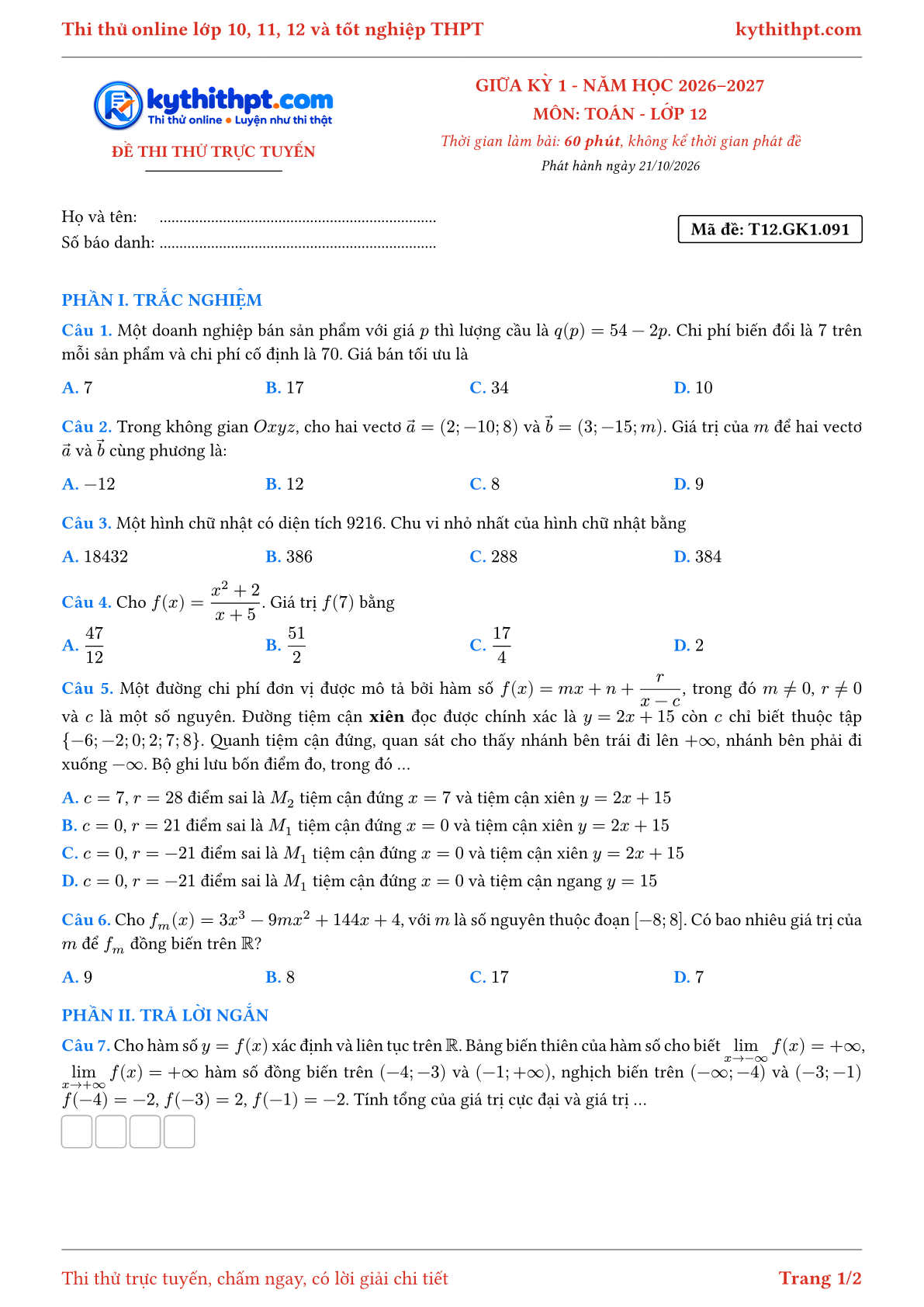 Trang đầu Đề thi thử online giữa kỳ 1 môn Toán lớp 12 - trắc nghiệm + trả lời ngắn - đề 095