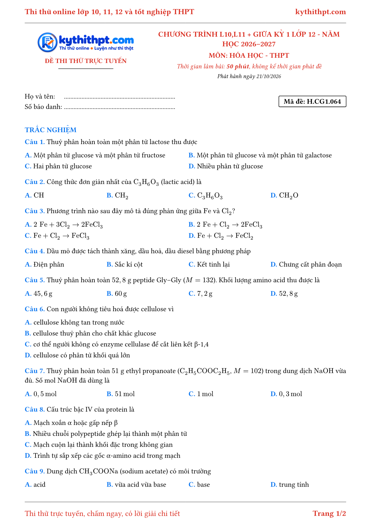 Trang đầu Đề thi thử online môn Hóa học theo chương trình lớp 10, 11 và giữa kỳ 1 lớp 12 - ôn luyện trắc nghiệm - đề 067
