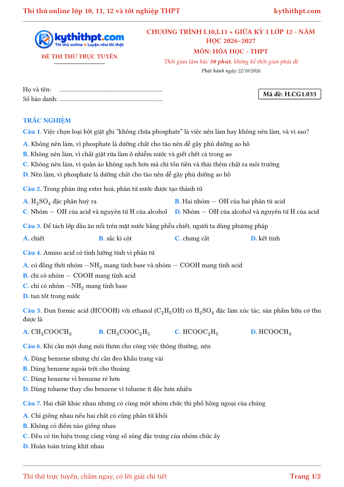 Trang đầu Đề thi thử online môn Hóa học theo chương trình lớp 10, 11 và giữa kỳ 1 lớp 12 - chuẩn cấu trúc tốt nghiệp - đề 033