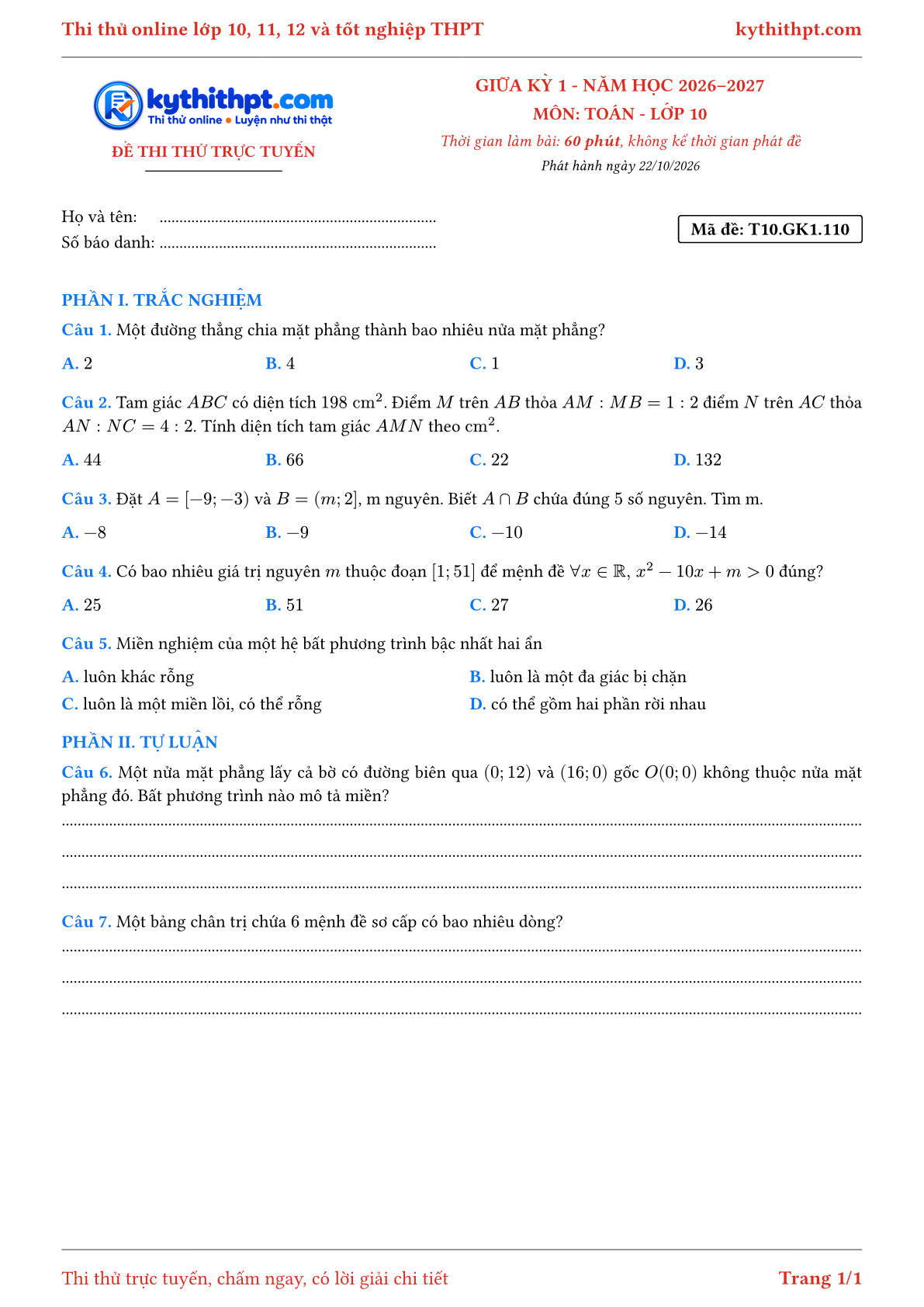 Trang đầu Đề thi thử online giữa kỳ 1 môn Toán lớp 10 - trắc nghiệm + tự luận - đề 115