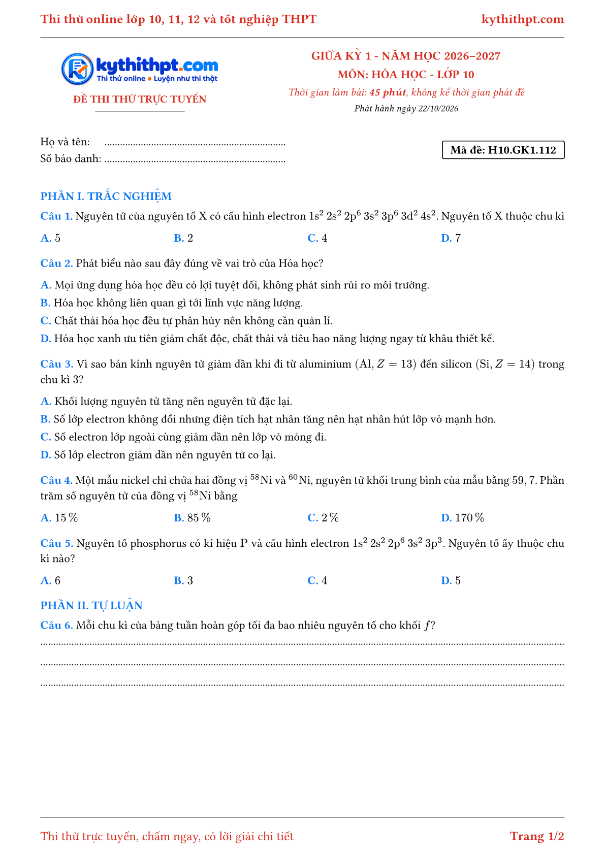Trang đầu Đề thi thử online giữa kỳ 1 môn Hóa học lớp 10 - trắc nghiệm + tự luận - đề 115