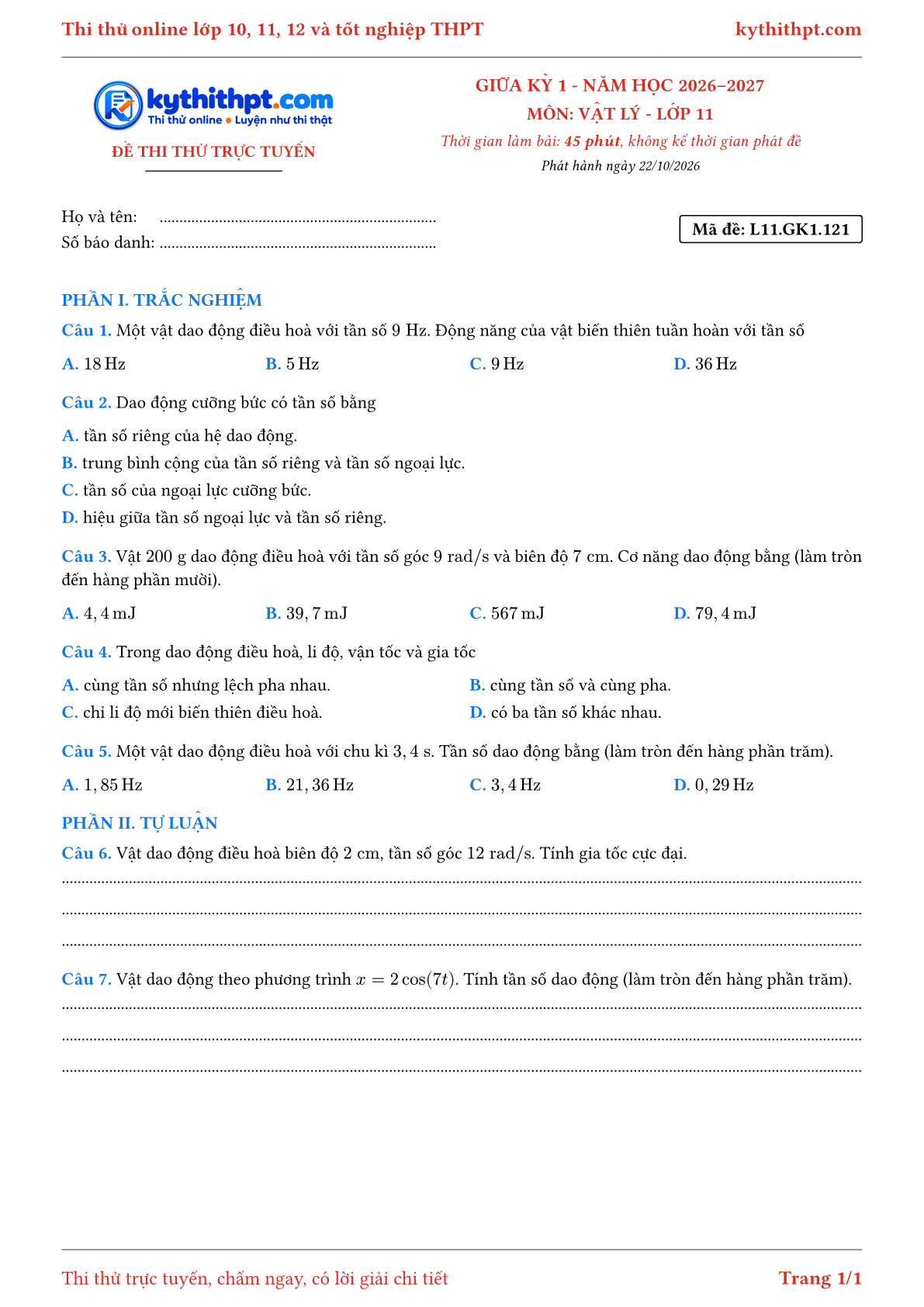 Trang đầu Đề thi thử online giữa kỳ 1 môn Vật lý lớp 11 - trắc nghiệm + tự luận - đề 126