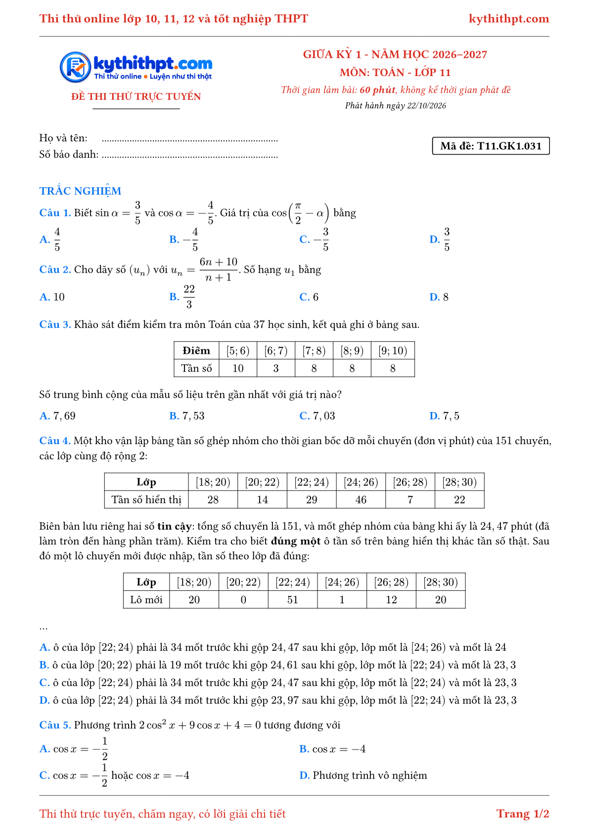 Trang đầu Đề thi thử online giữa kỳ 1 môn Toán lớp 11 - full trắc nghiệm - đề 031
