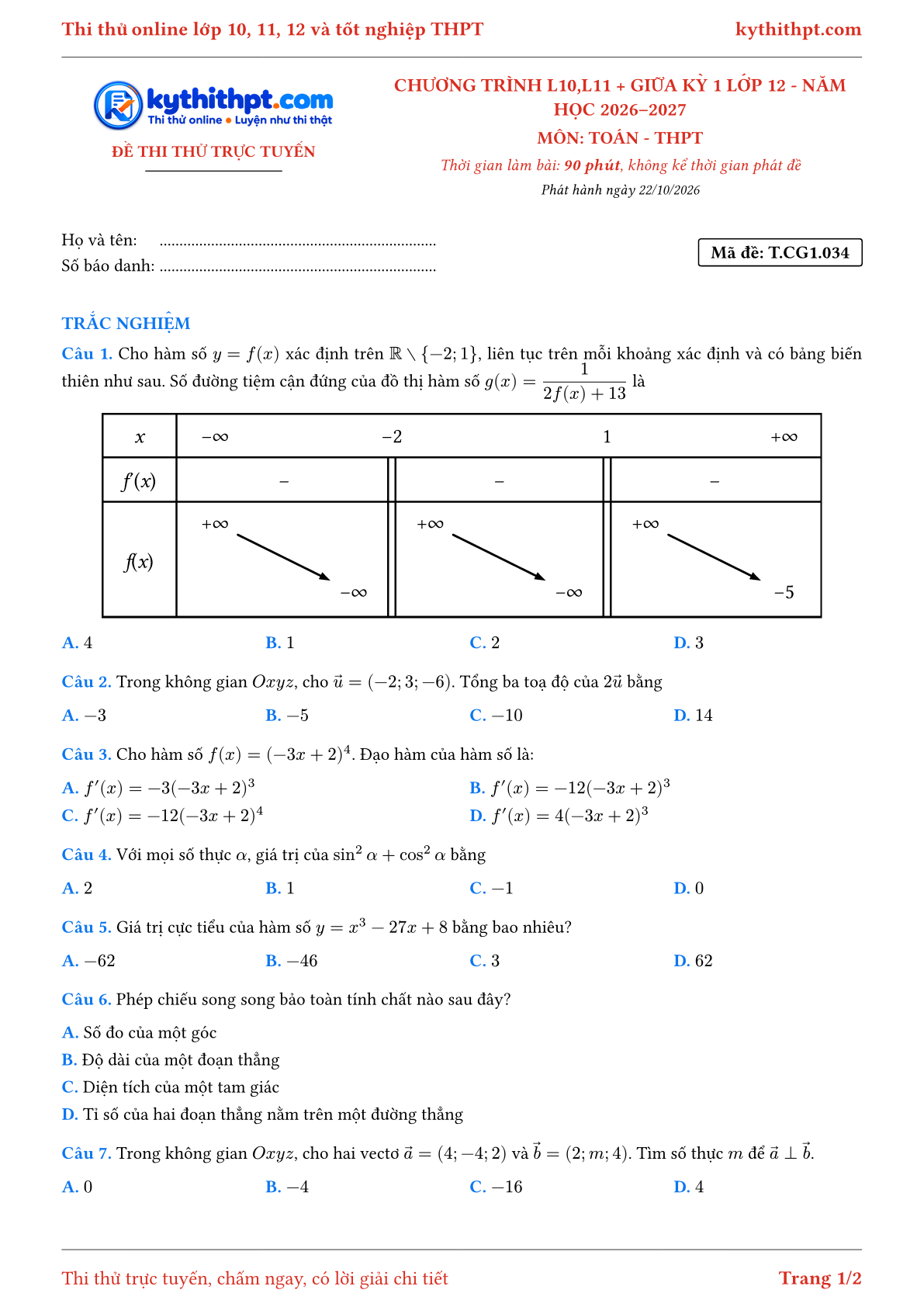 Trang đầu Đề thi thử online môn Toán theo chương trình lớp 10, 11 và giữa kỳ 1 lớp 12 - chuẩn cấu trúc tốt nghiệp - đề 034