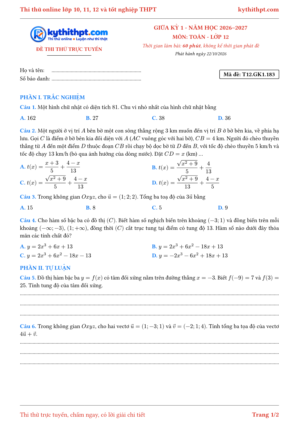 Trang đầu Đề thi thử online giữa kỳ 1 môn Toán lớp 12 - trắc nghiệm + tự luận nâng cao - đề 193