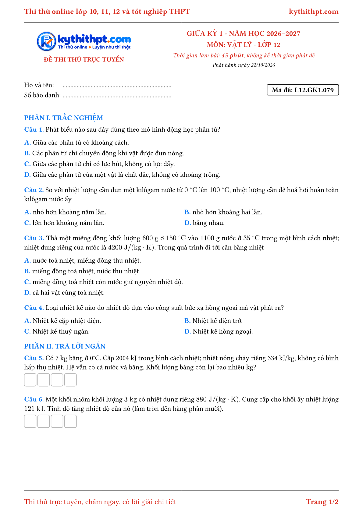 Trang đầu Đề thi thử online giữa kỳ 1 môn Vật lý lớp 12 - trắc nghiệm + trả lời ngắn + tự luận - đề 081