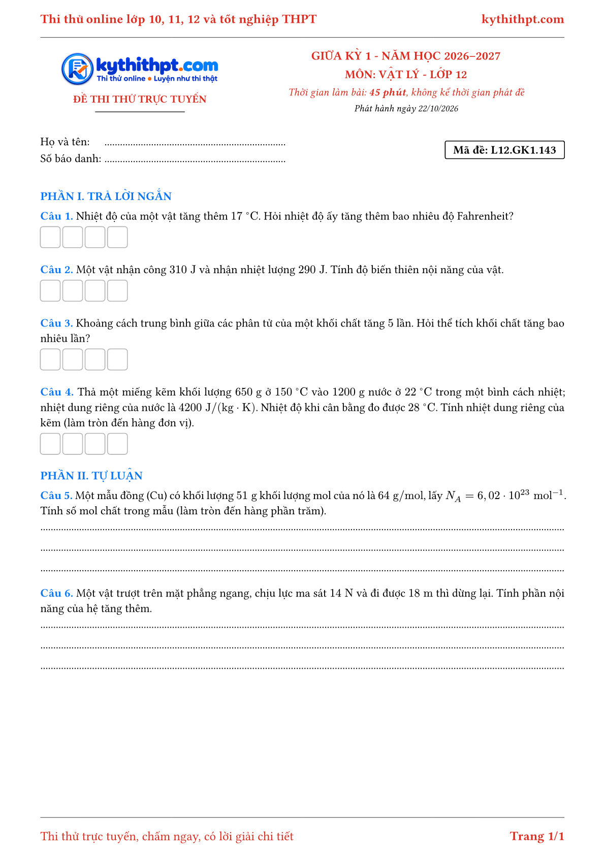 Trang đầu Đề thi thử online giữa kỳ 1 môn Vật lý lớp 12 - trả lời ngắn + tự luận - đề 147