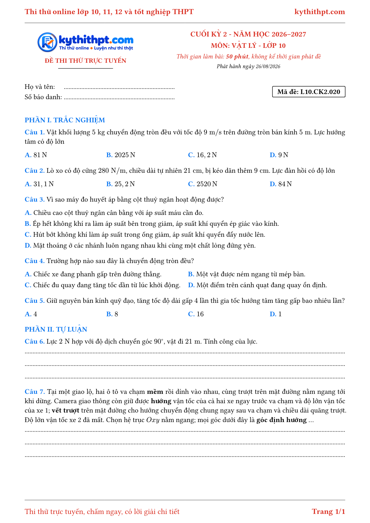 Trang đầu Đề thi thử online cuối kỳ 2 môn Vật lý lớp 10 - trắc nghiệm + tự luận - đề 020