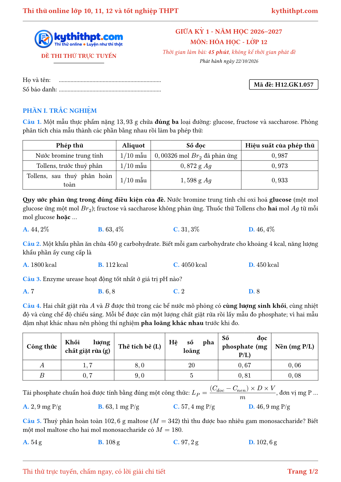 Trang đầu Đề thi thử online giữa kỳ 1 môn Hóa học lớp 12 - trắc nghiệm + trả lời ngắn - đề 060