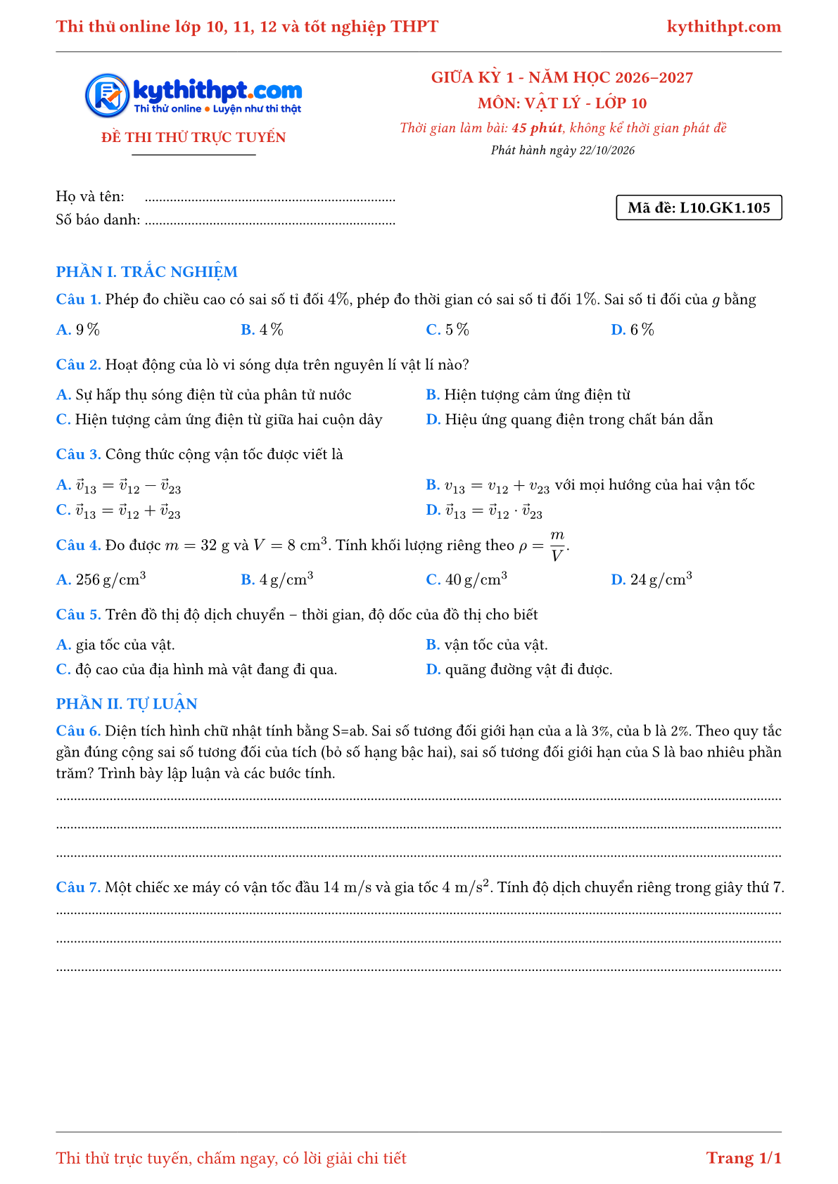 Trang đầu Đề thi thử online giữa kỳ 1 môn Vật lý lớp 10 - trắc nghiệm + tự luận - đề 110