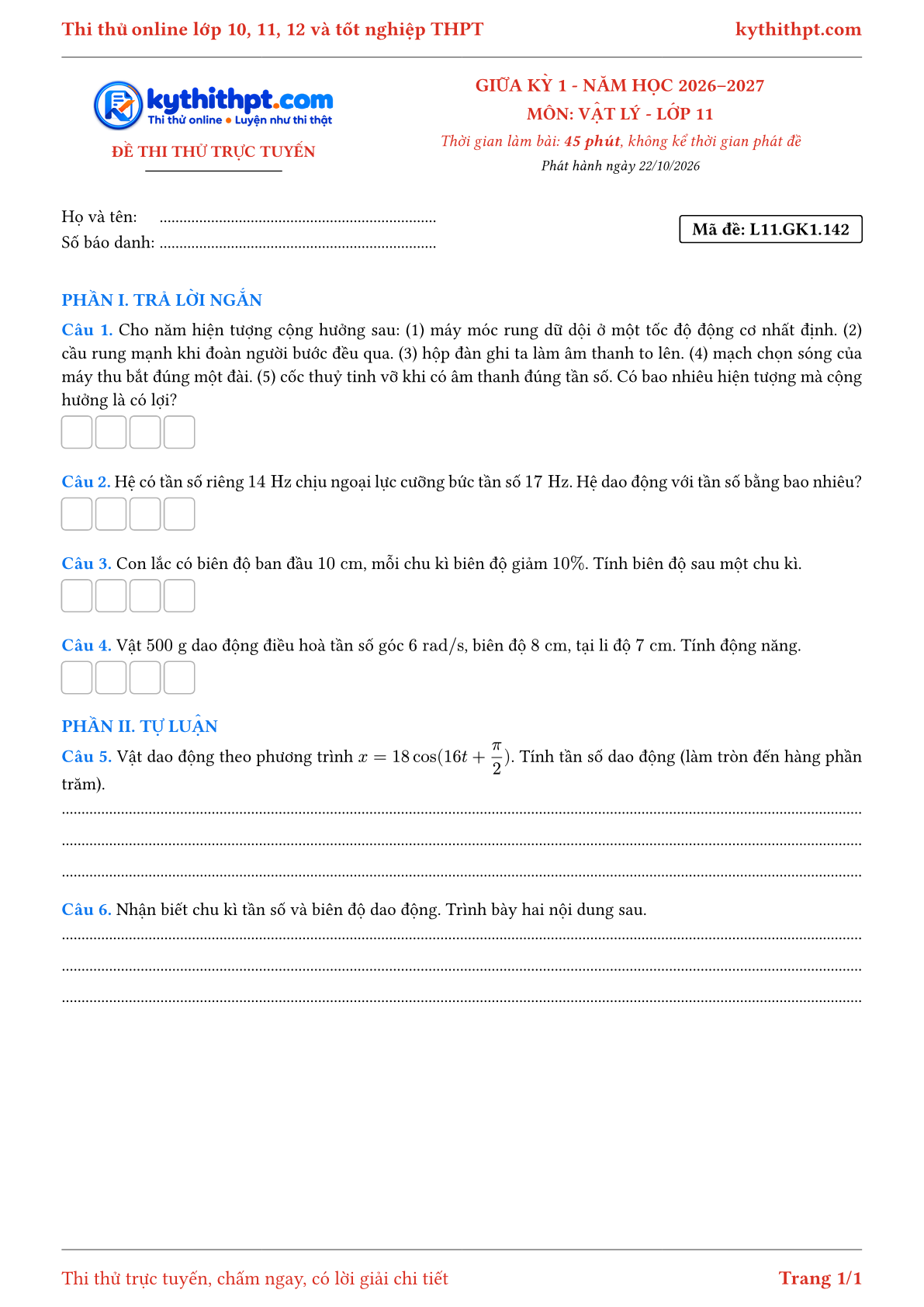 Trang đầu Đề thi thử online giữa kỳ 1 môn Vật lý lớp 11 - trả lời ngắn + tự luận - đề 148
