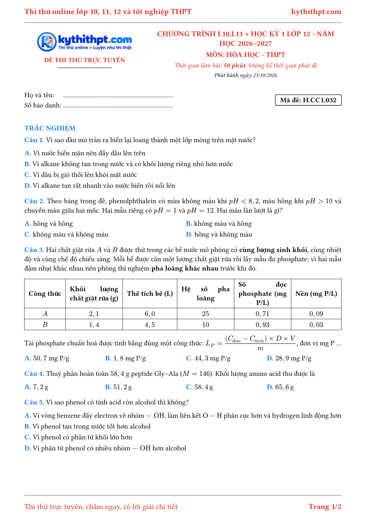 Trang đầu Đề thi thử online môn Hóa học theo chương trình lớp 10, 11 và học kỳ 1 lớp 12 - ôn luyện trắc nghiệm - đề 032