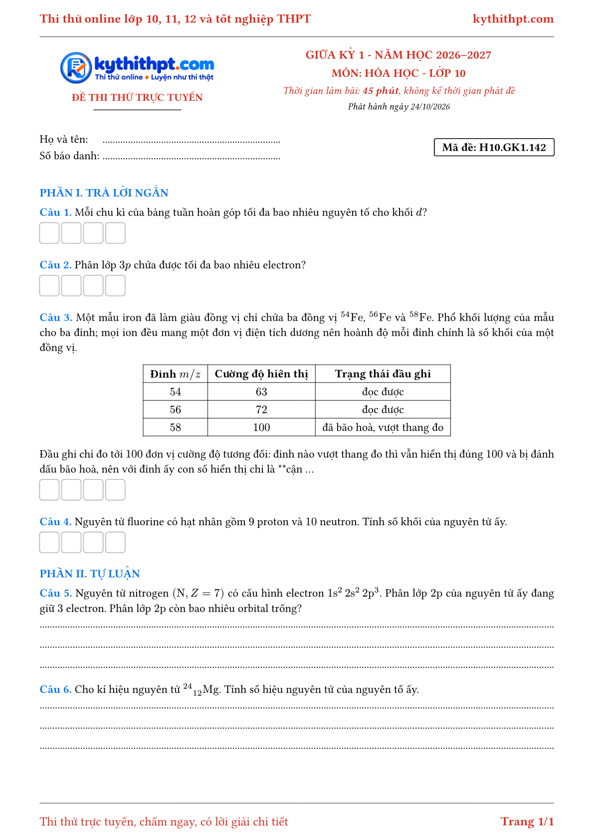 Trang đầu Đề thi thử online giữa kỳ 1 môn Hóa học lớp 10 - trả lời ngắn + tự luận - đề 146