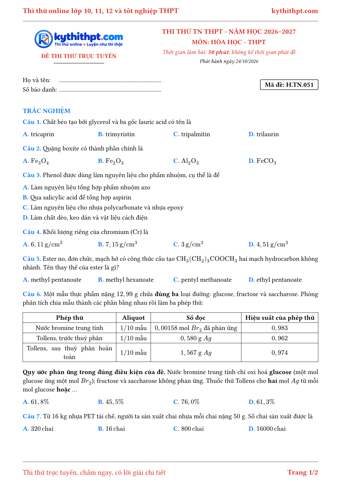Trang đầu Đề thi thử online tốt nghiệp THPT môn Hóa học - đề ôn 9+ · chuẩn cấu trúc tốt nghiệp - đề 051