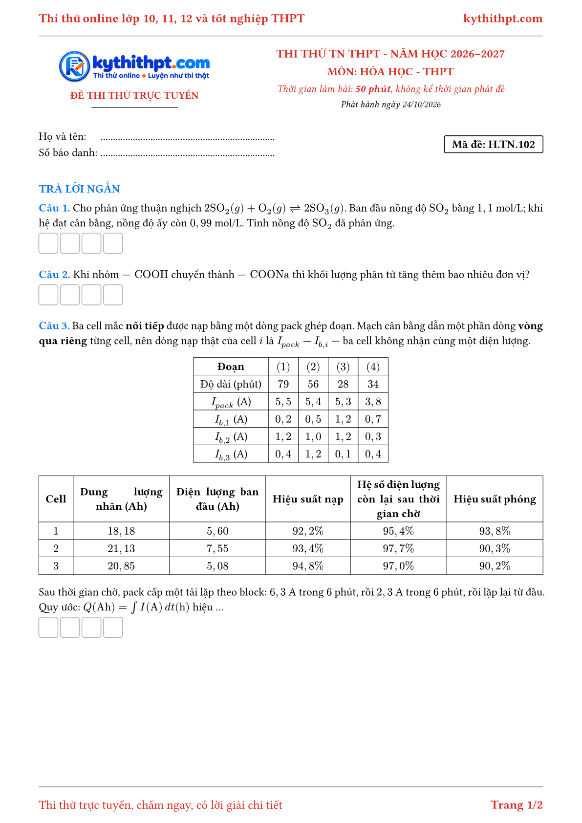 Trang đầu Đề thi thử online tốt nghiệp THPT môn Hóa học - ôn luyện trả lời ngắn - đề 102