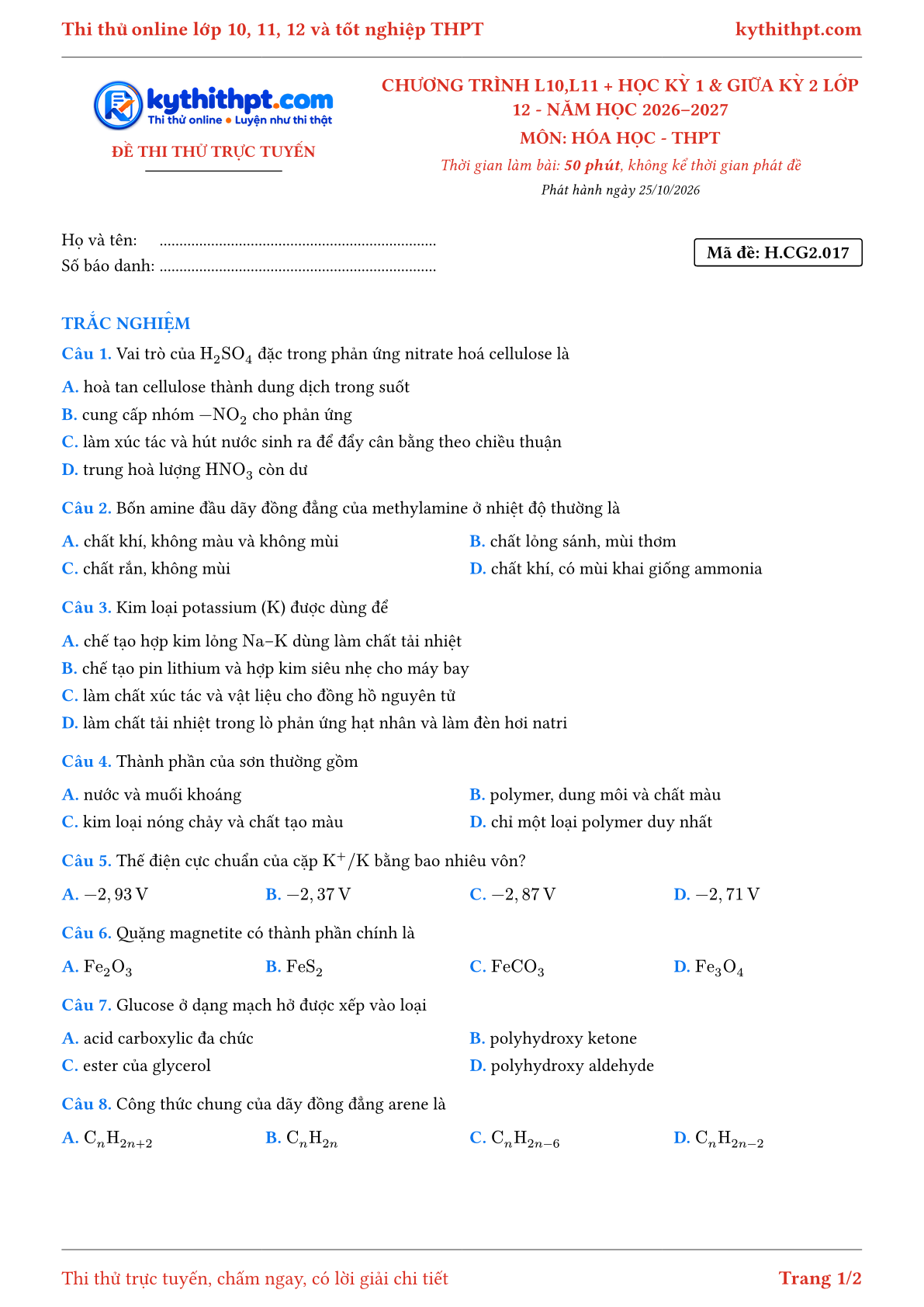 Trang đầu Đề thi thử online môn Hóa học theo chương trình lớp 10, 11 và học kỳ 1, giữa kỳ 2 lớp 12 - chuẩn cấu trúc tốt nghiệp - đề 017
