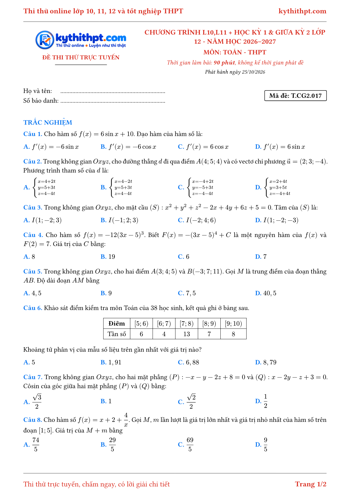 Trang đầu Đề thi thử online môn Toán theo chương trình lớp 10, 11 và học kỳ 1, giữa kỳ 2 lớp 12 - chuẩn cấu trúc tốt nghiệp - đề 017