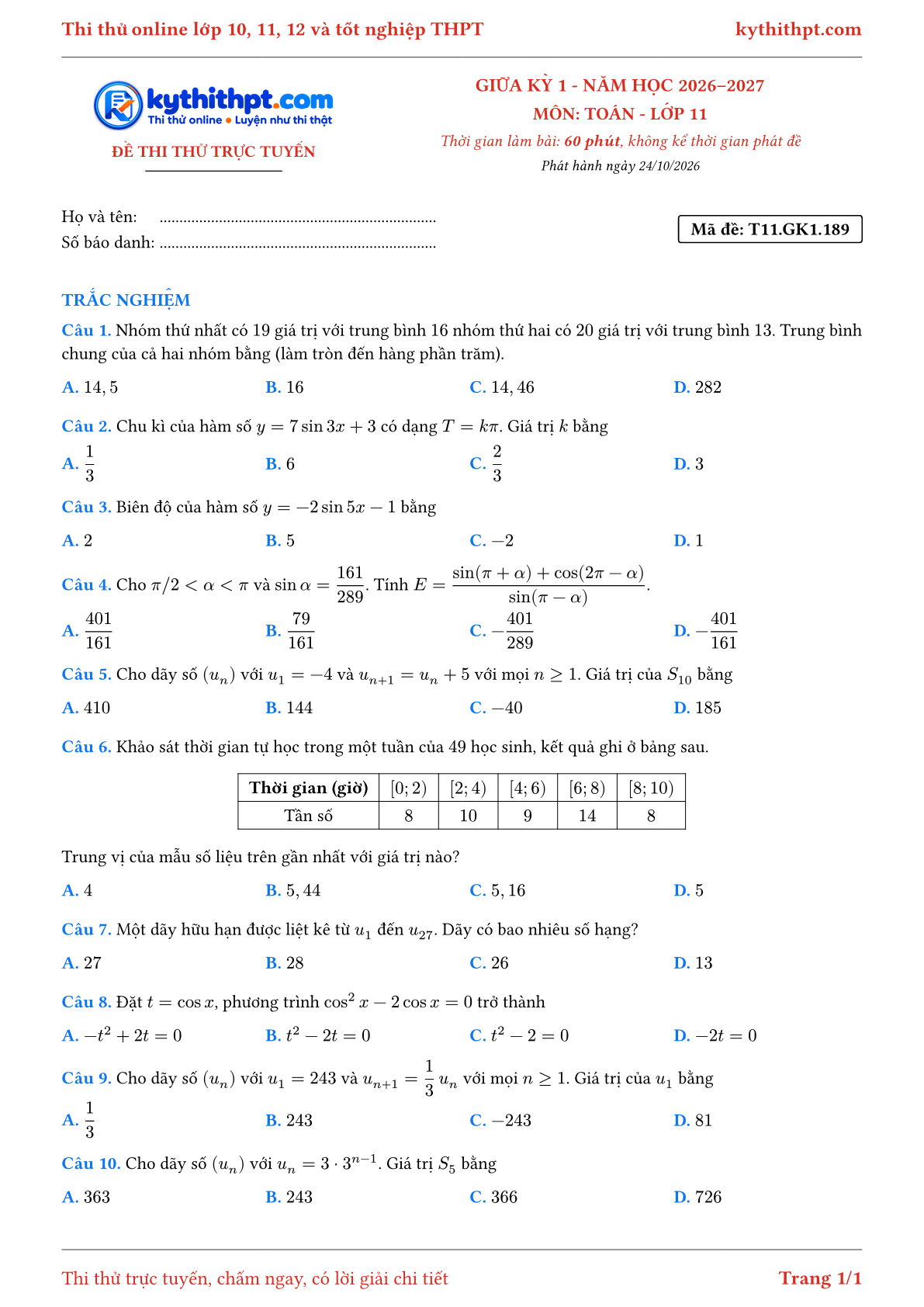 Trang đầu Đề thi thử online giữa kỳ 1 môn Toán lớp 11 - full trắc nghiệm - đề 032