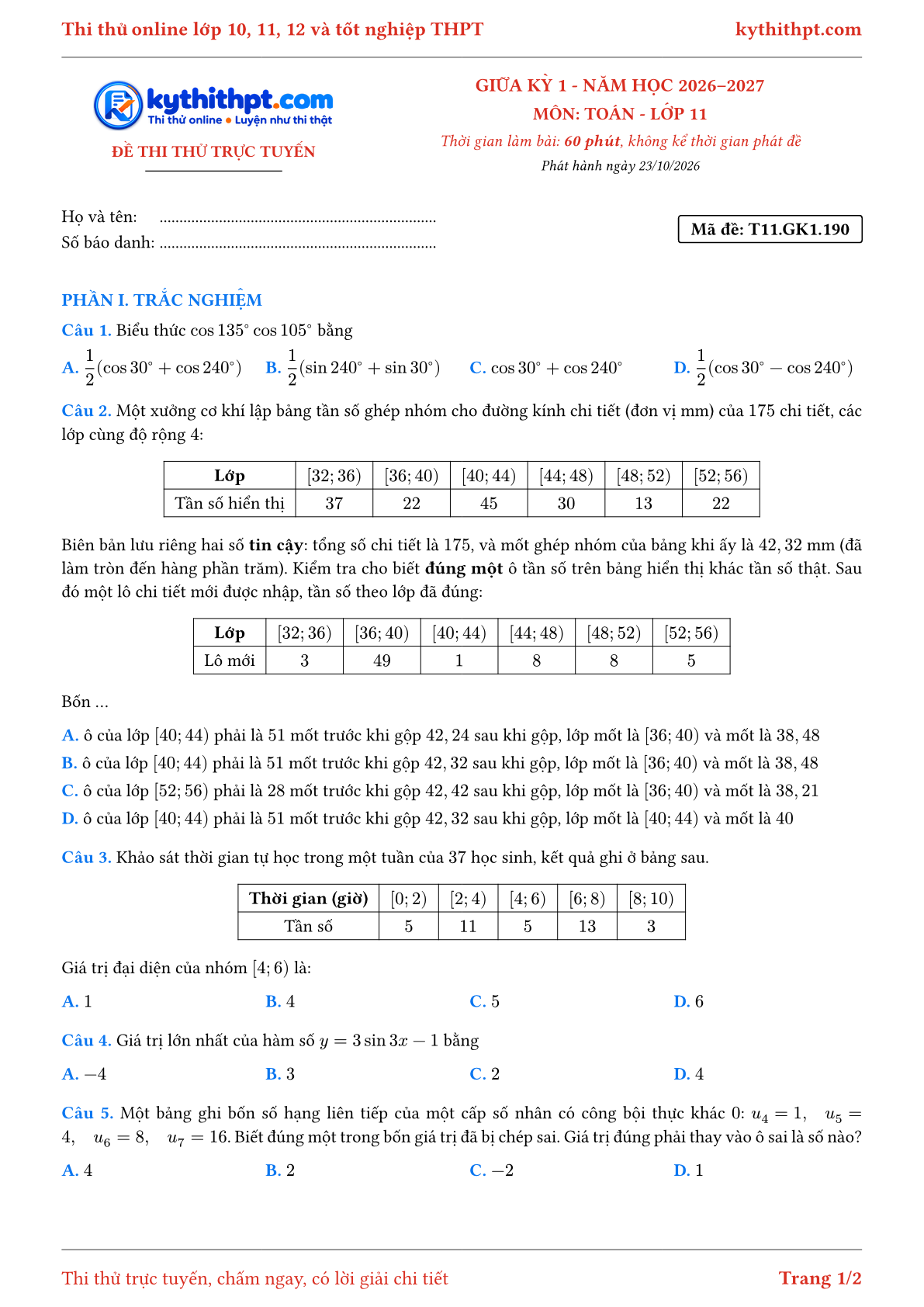 Trang đầu Đề thi thử online giữa kỳ 1 môn Toán lớp 11 - trắc nghiệm + trả lời ngắn - đề 096
