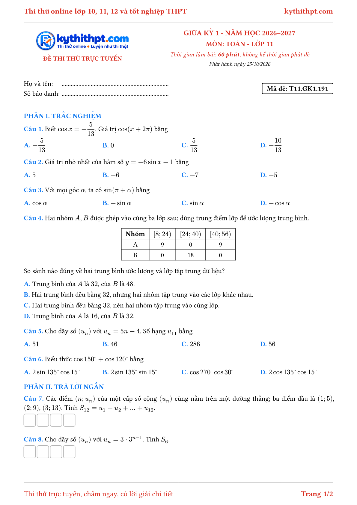 Trang đầu Đề thi thử online giữa kỳ 1 môn Toán lớp 11 - trắc nghiệm + trả lời ngắn - đề 097