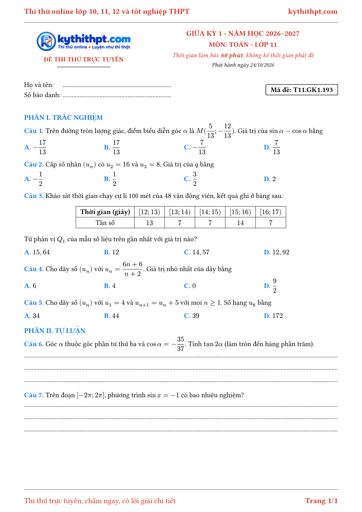 Trang đầu Đề thi thử online giữa kỳ 1 môn Toán lớp 11 - trắc nghiệm + tự luận - đề 130