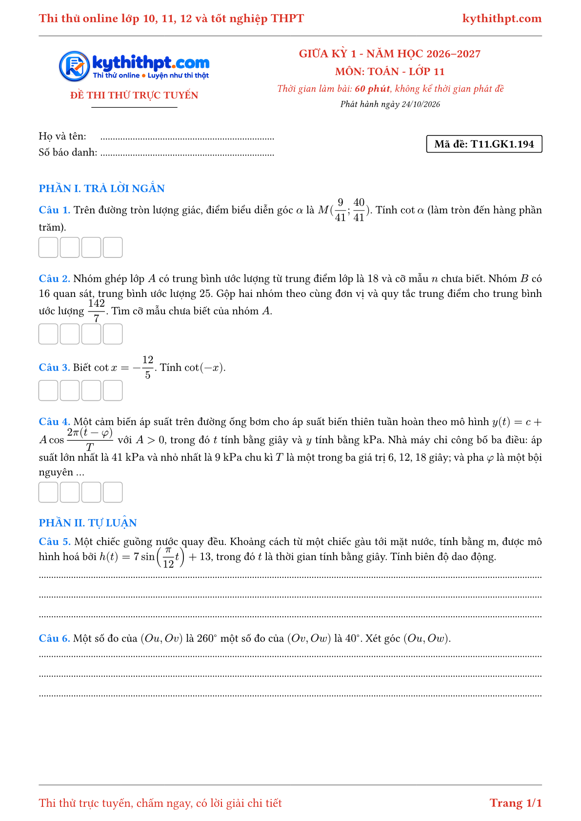 Trang đầu Đề thi thử online giữa kỳ 1 môn Toán lớp 11 - trả lời ngắn + tự luận - đề 162