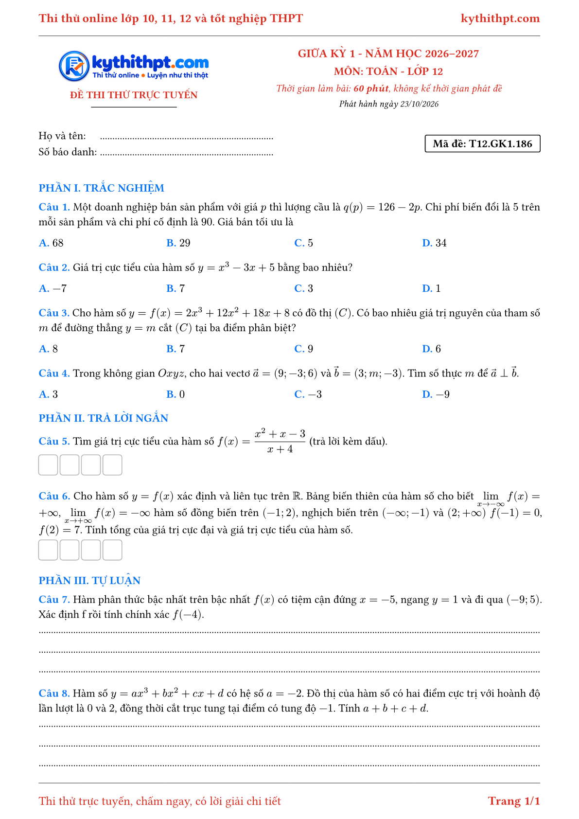 Trang đầu Đề thi thử online giữa kỳ 1 môn Toán lớp 12 - trắc nghiệm + trả lời ngắn + tự luận - đề 063