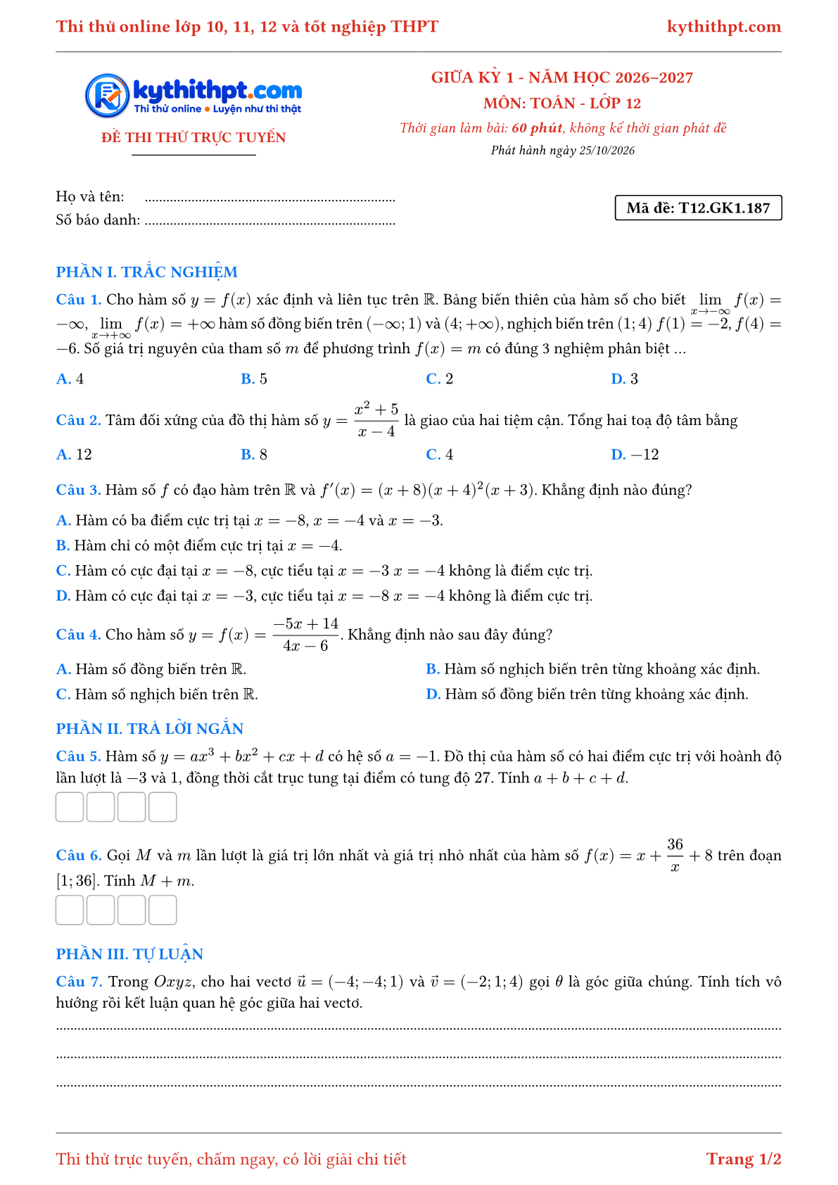 Trang đầu Đề thi thử online giữa kỳ 1 môn Toán lớp 12 - trắc nghiệm + trả lời ngắn + tự luận - đề 064