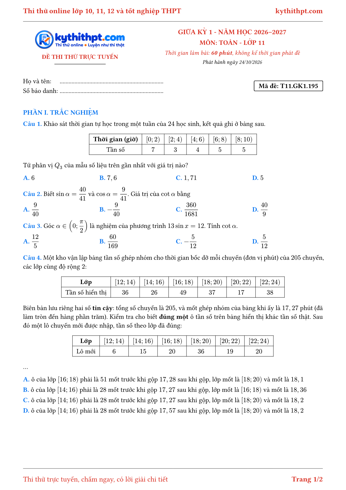 Trang đầu Đề thi thử online giữa kỳ 1 môn Toán lớp 11 - trắc nghiệm + tự luận nâng cao - đề 195