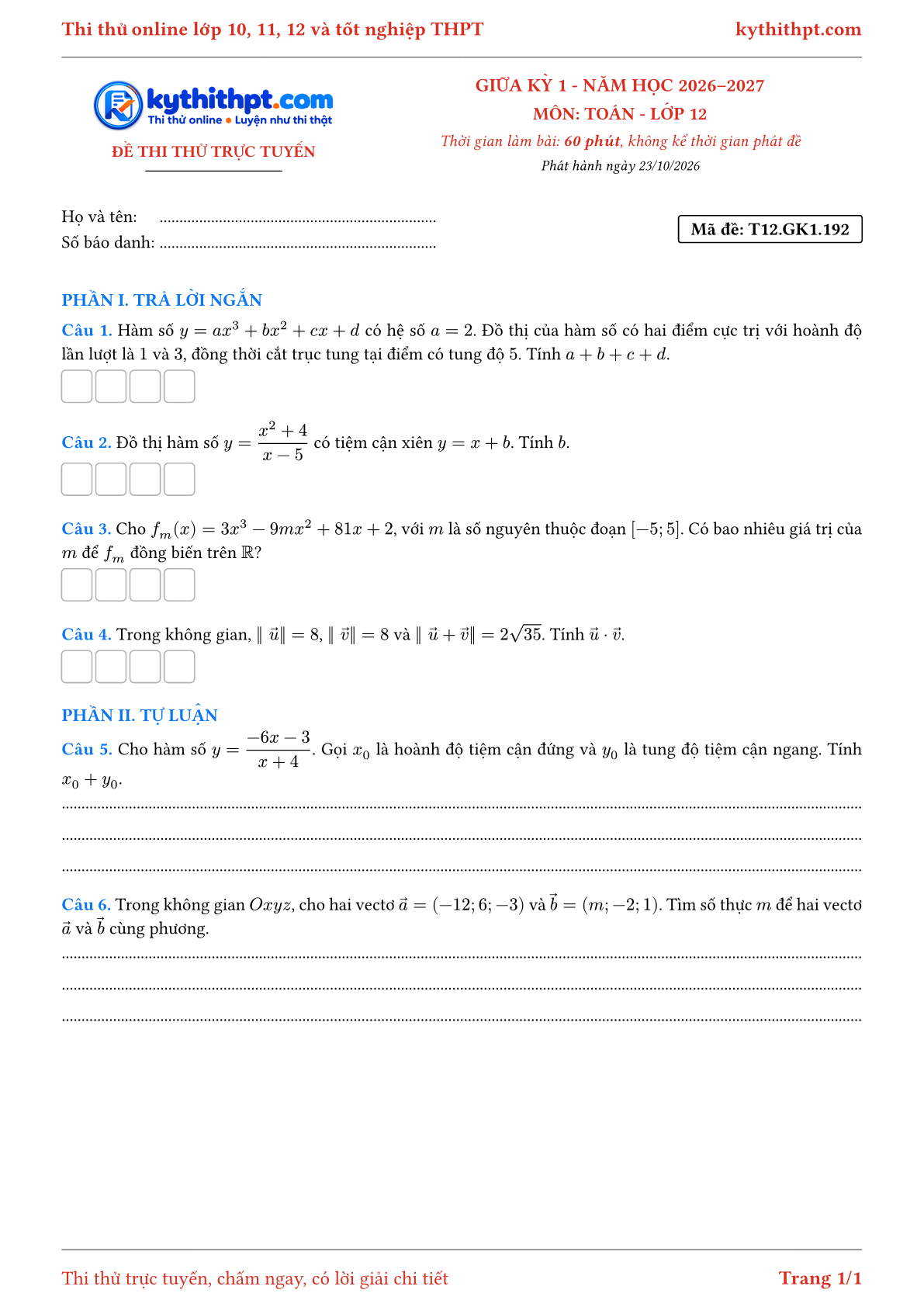 Trang đầu Đề thi thử online giữa kỳ 1 môn Toán lớp 12 - trả lời ngắn + tự luận - đề 160