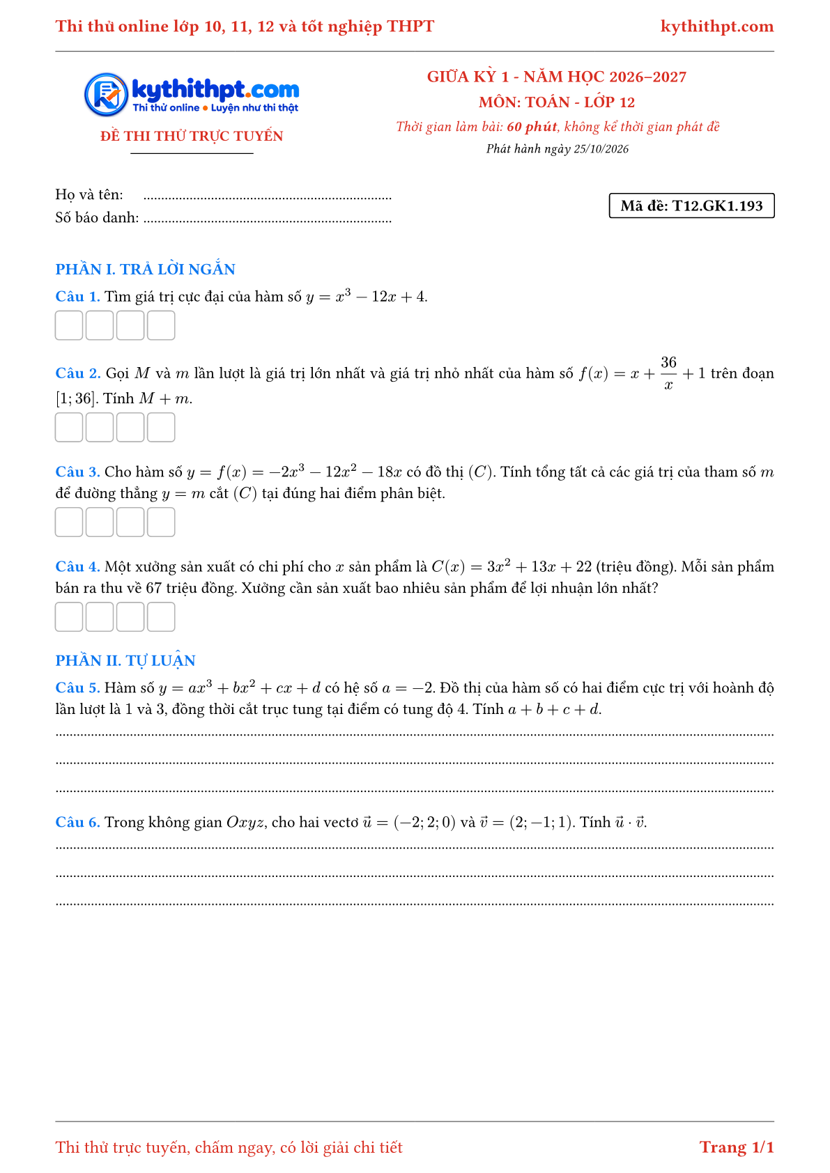 Trang đầu Đề thi thử online giữa kỳ 1 môn Toán lớp 12 - trả lời ngắn + tự luận - đề 161