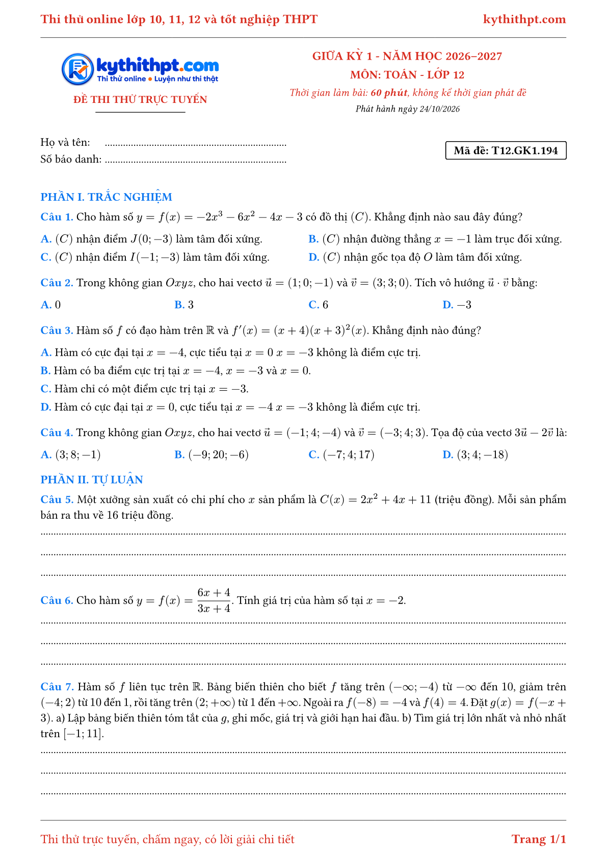 Trang đầu Đề thi thử online giữa kỳ 1 môn Toán lớp 12 - trắc nghiệm + tự luận nâng cao - đề 194