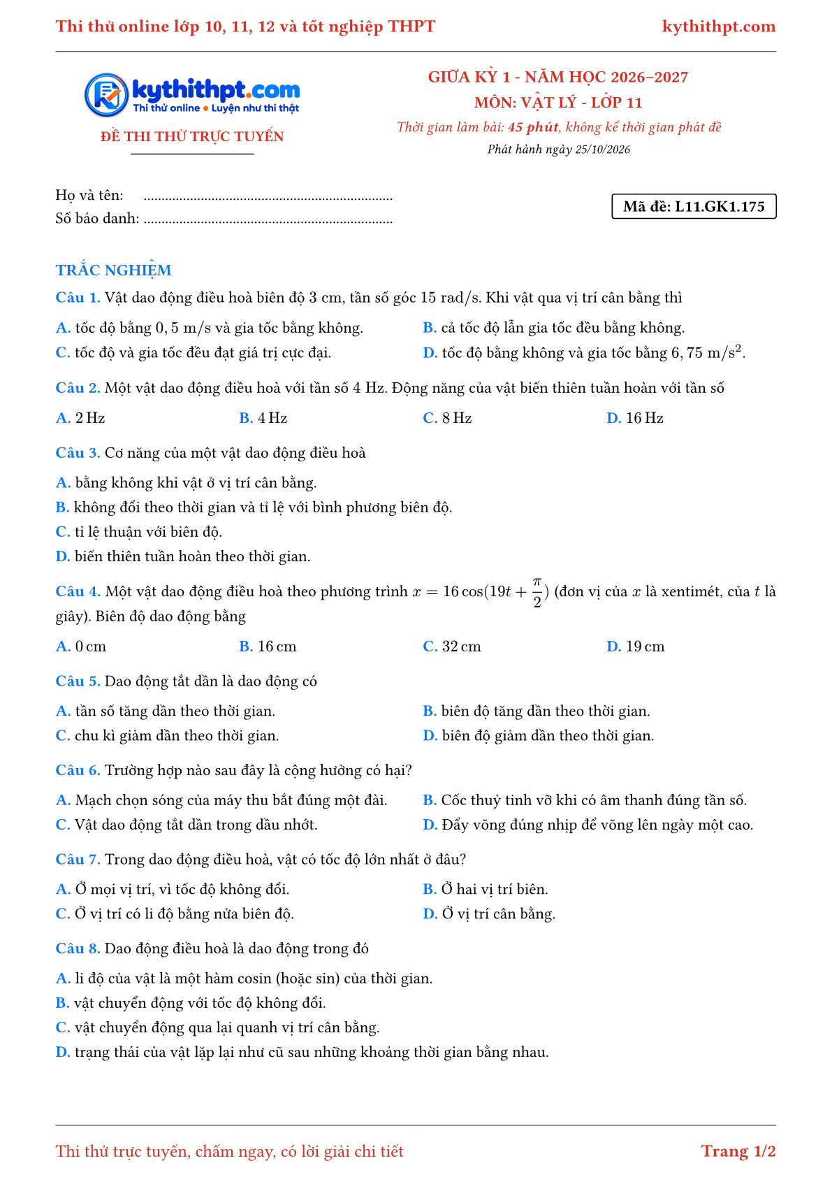 Trang đầu Đề thi thử online giữa kỳ 1 môn Vật lý lớp 11 - full trắc nghiệm - đề 034