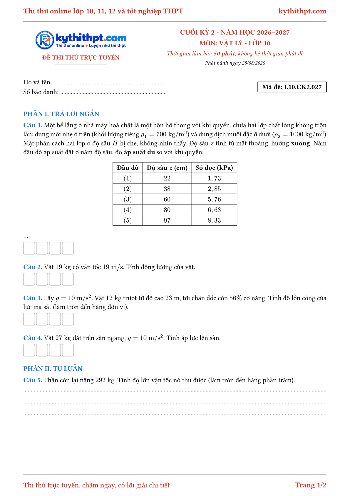 Trang đầu Đề thi thử online cuối kỳ 2 môn Vật lý lớp 10 - trả lời ngắn + tự luận - đề 027