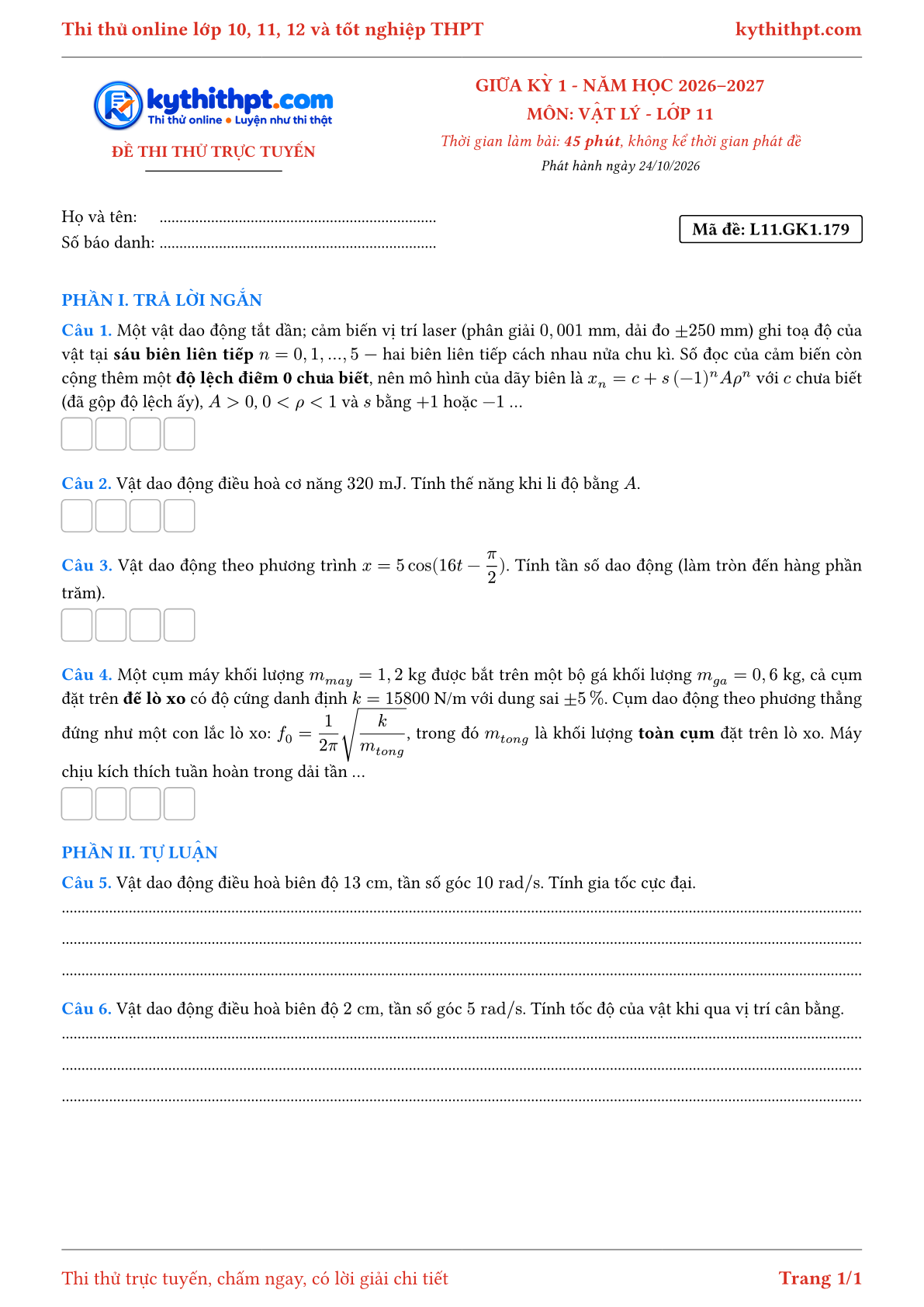 Trang đầu Đề thi thử online giữa kỳ 1 môn Vật lý lớp 11 - trả lời ngắn + tự luận - đề 149