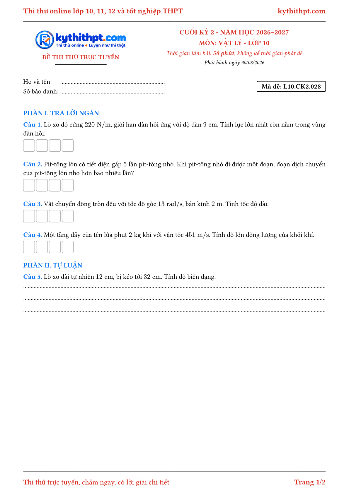 Trang đầu Đề thi thử online cuối kỳ 2 môn Vật lý lớp 10 - trả lời ngắn + tự luận - đề 028