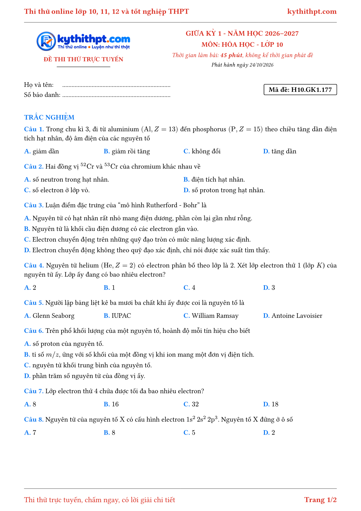Trang đầu Đề thi thử online giữa kỳ 1 môn Hóa học lớp 10 - full trắc nghiệm - đề 033