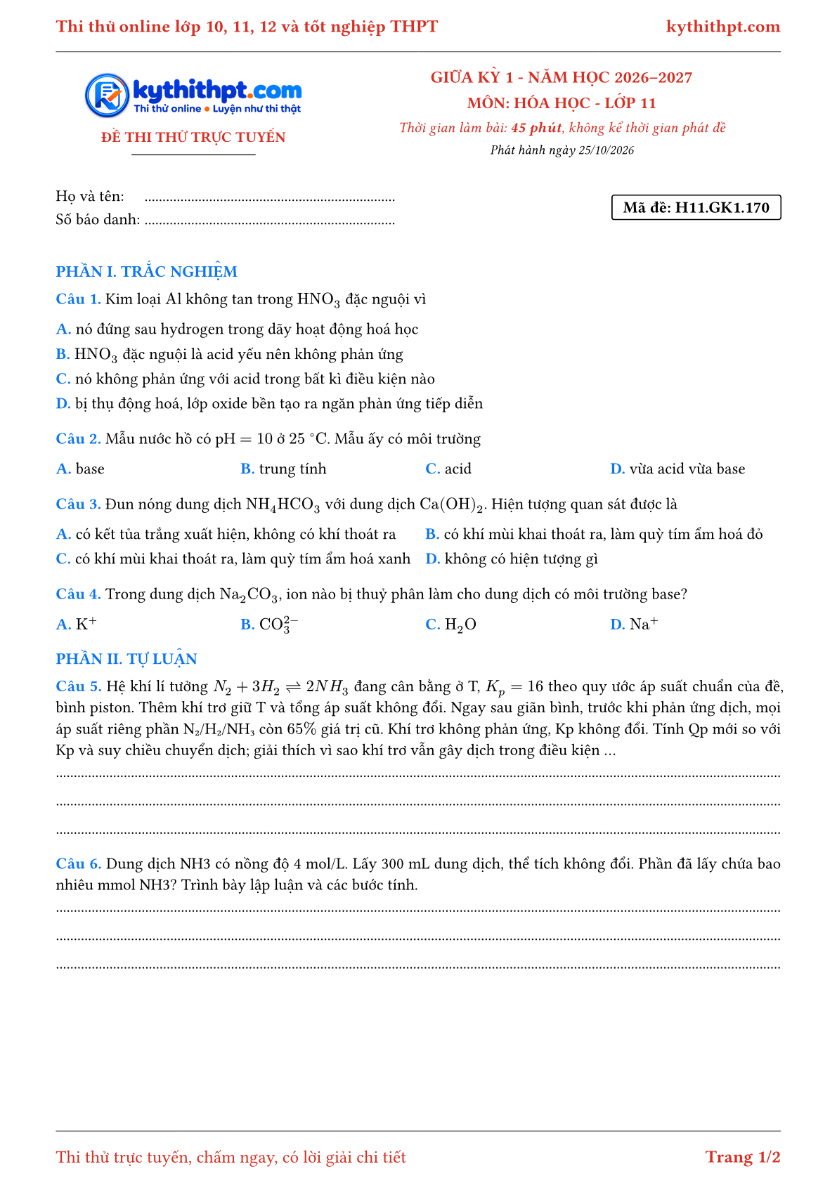 Trang đầu Đề thi thử online giữa kỳ 1 môn Hóa học lớp 11 - trắc nghiệm + tự luận nâng cao - đề 173