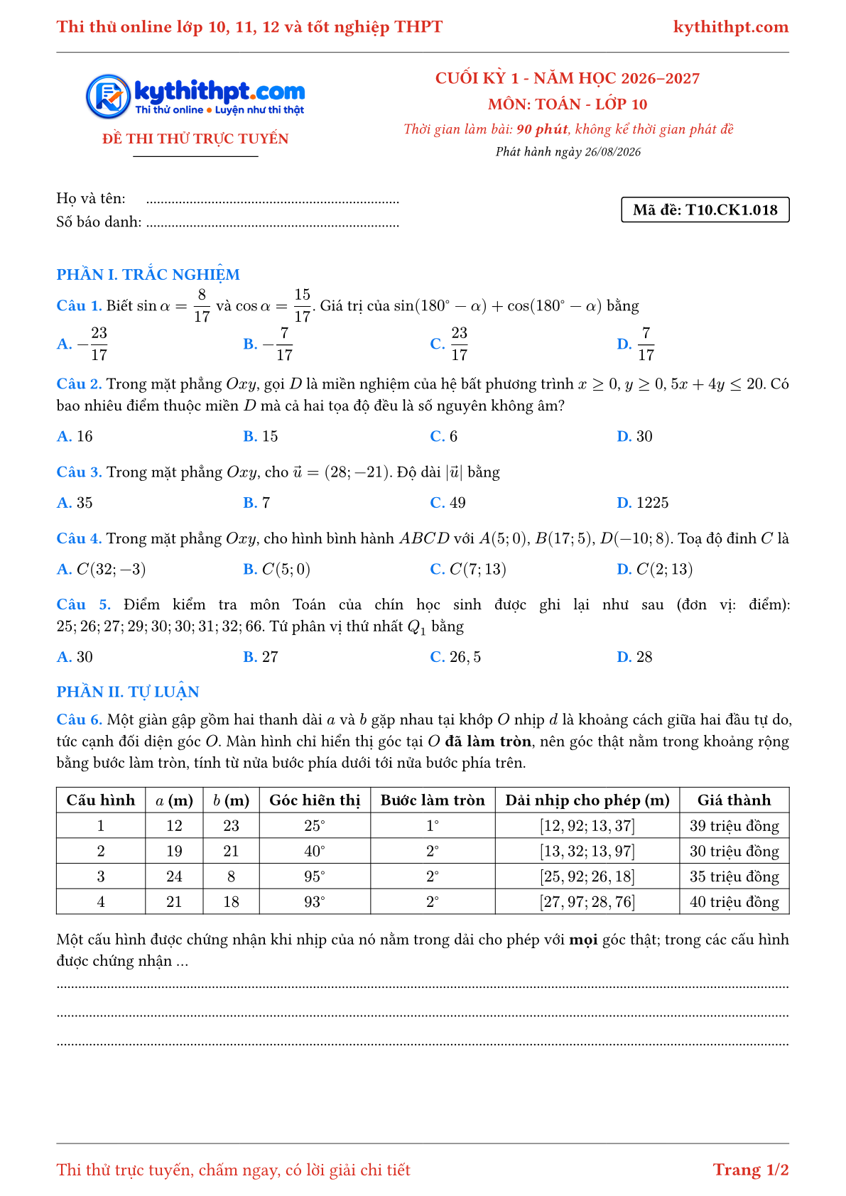 Trang đầu Đề thi thử online cuối kỳ 1 môn Toán lớp 10 - trắc nghiệm + tự luận - đề 018
