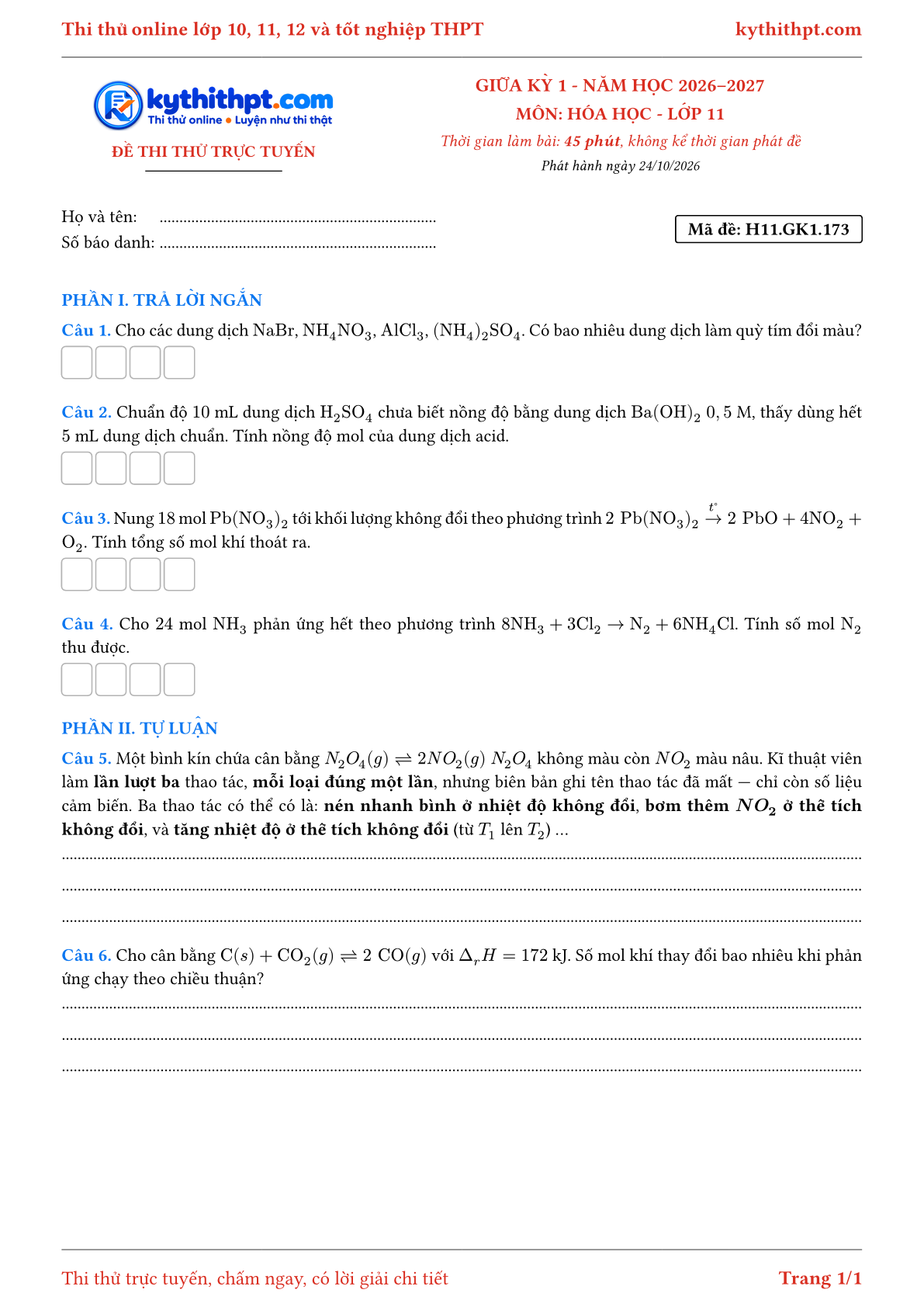 Trang đầu Đề thi thử online giữa kỳ 1 môn Hóa học lớp 11 - trả lời ngắn + tự luận - đề 139