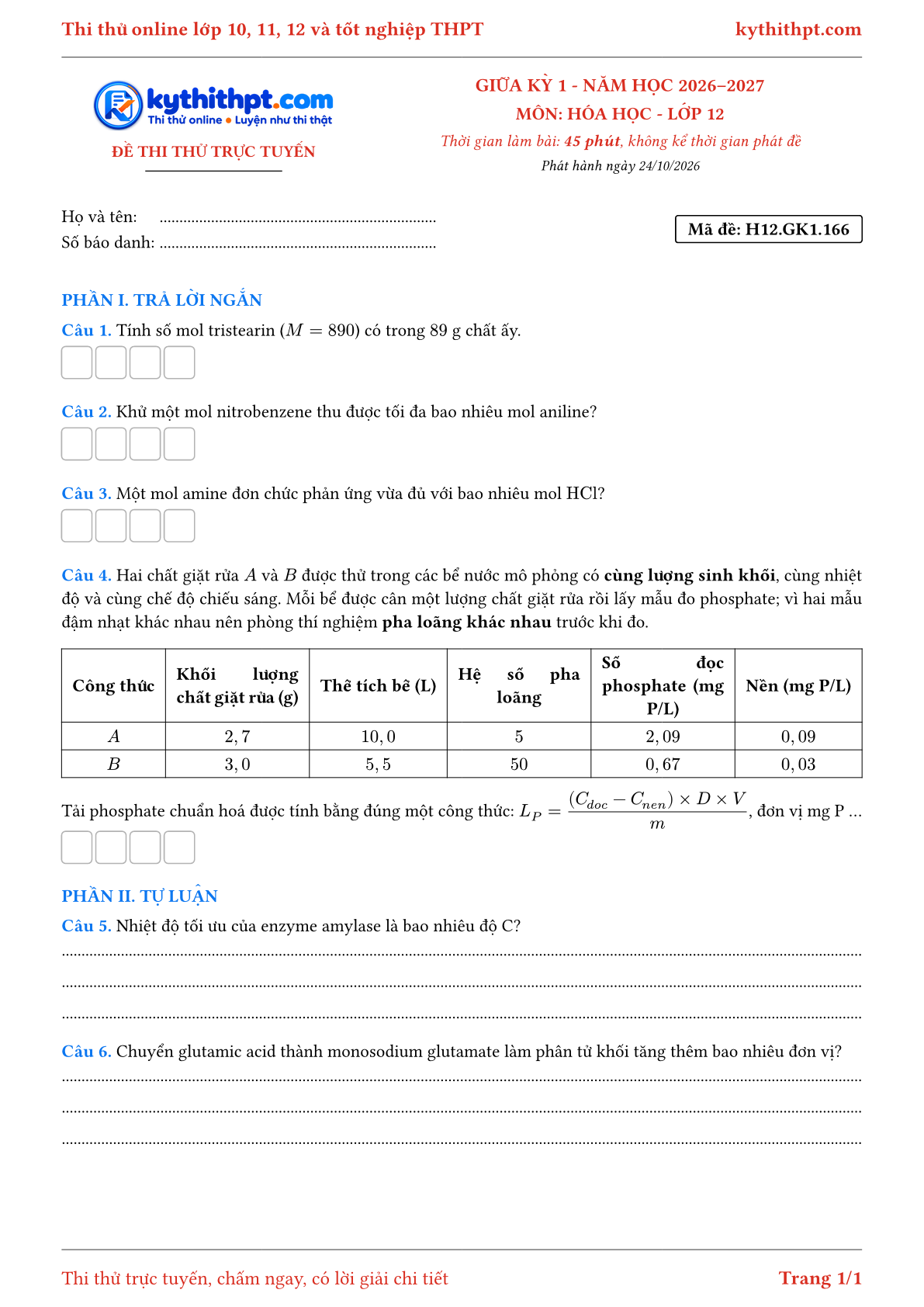 Trang đầu Đề thi thử online giữa kỳ 1 môn Hóa học lớp 12 - trả lời ngắn + tự luận - đề 149