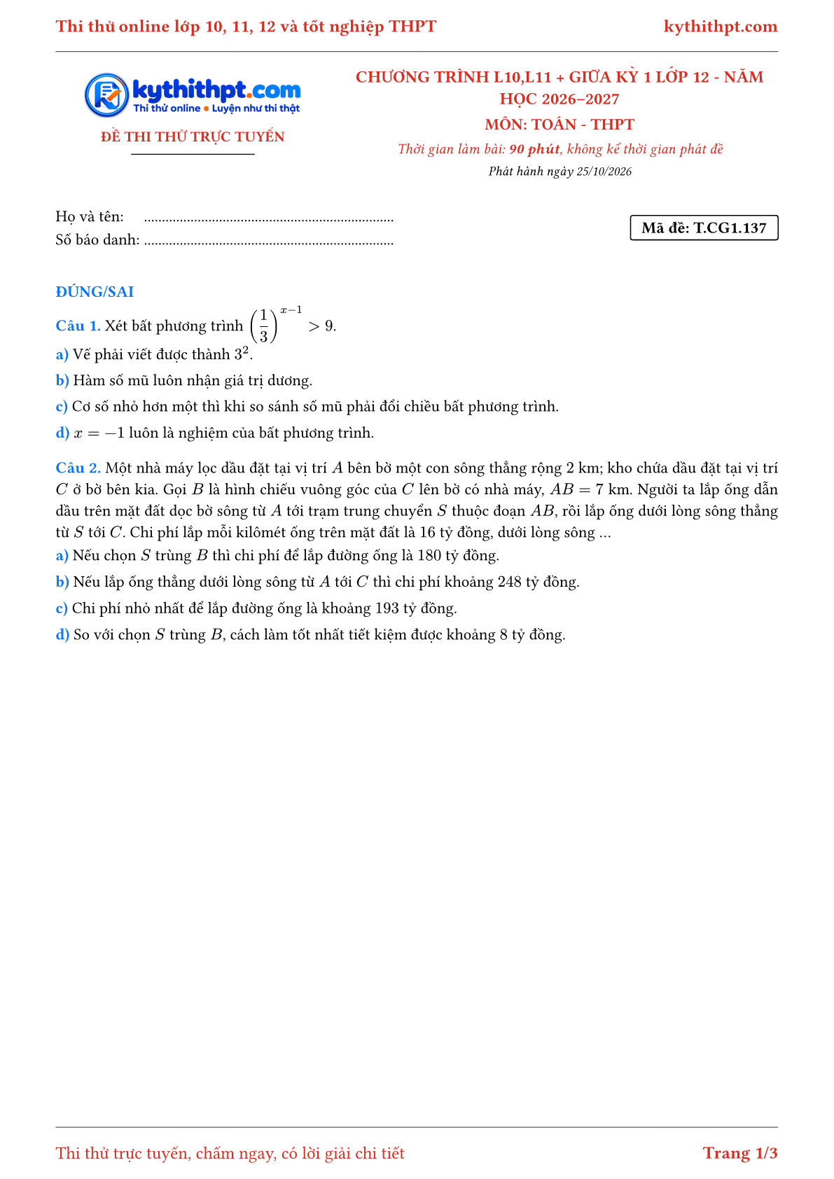 Trang đầu Đề thi thử online môn Toán theo chương trình lớp 10, 11 và giữa kỳ 1 lớp 12 - ôn luyện đúng/sai - đề 107