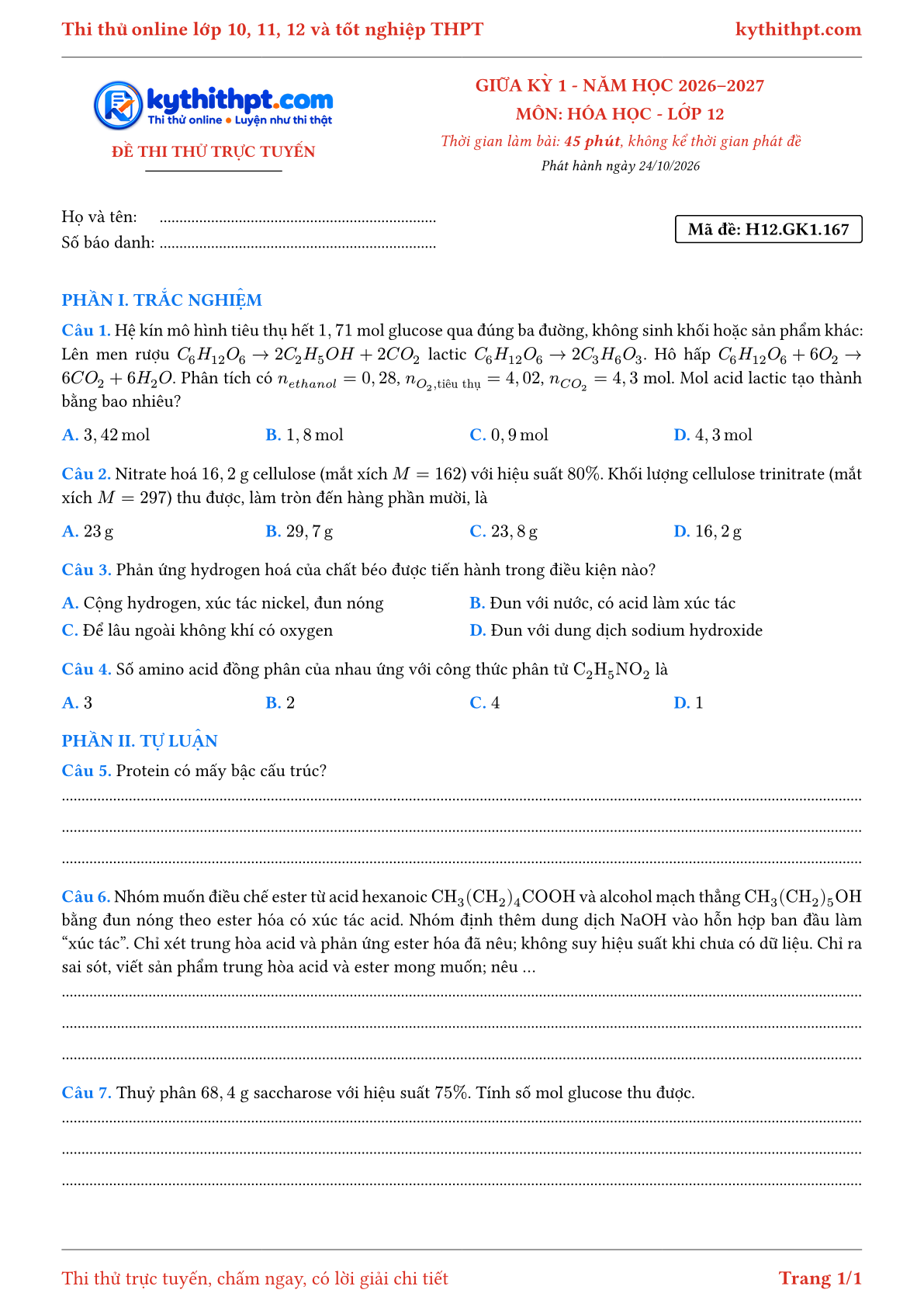 Trang đầu Đề thi thử online giữa kỳ 1 môn Hóa học lớp 12 - trắc nghiệm + tự luận nâng cao - đề 172
