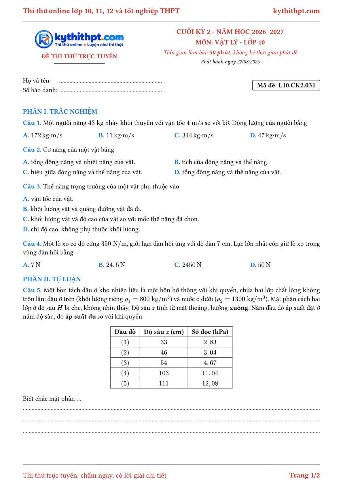 Trang đầu Đề thi thử online cuối kỳ 2 môn Vật lý lớp 10 - trắc nghiệm + tự luận nâng cao - đề 031