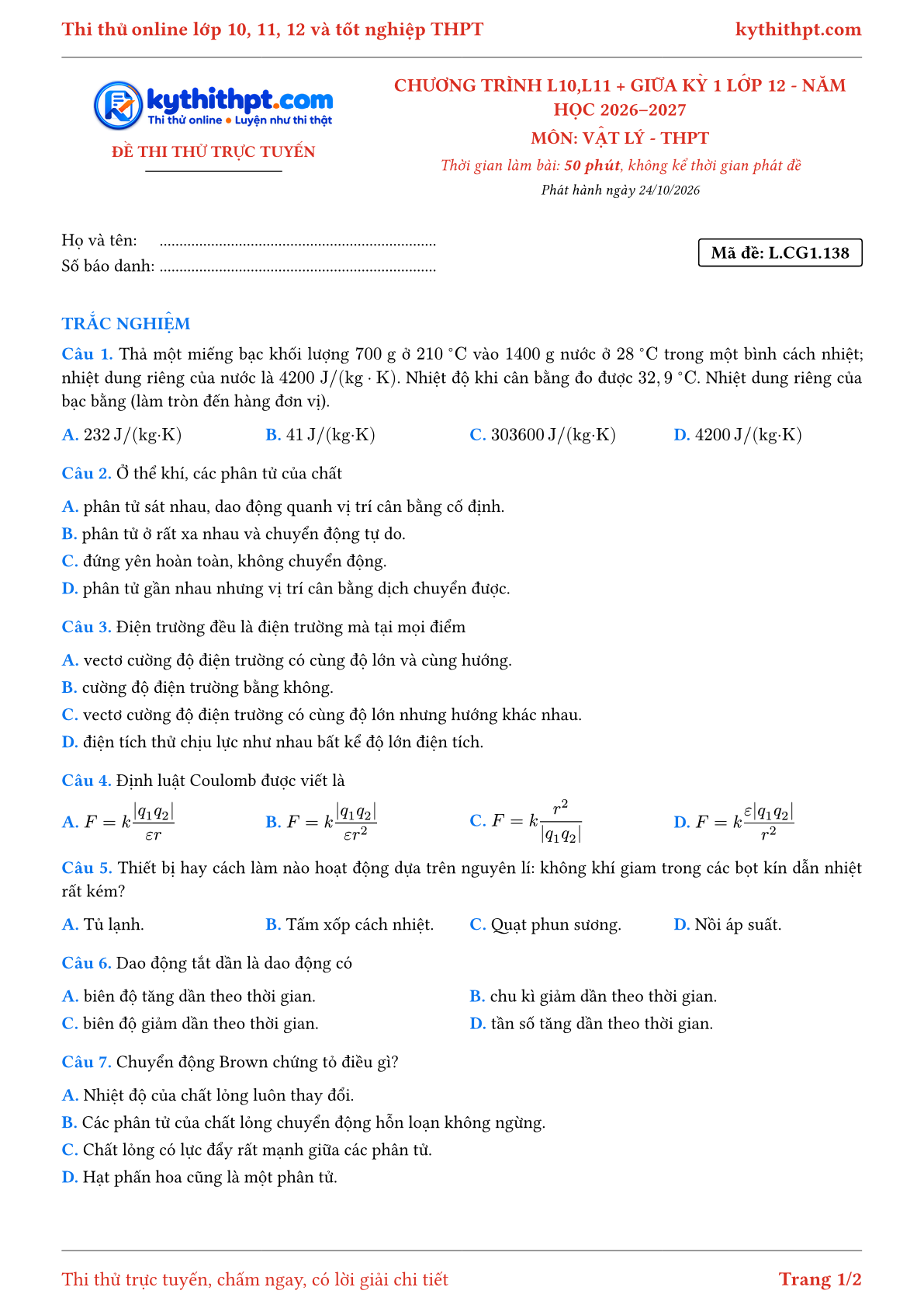 Trang đầu Đề thi thử online môn Vật lý theo chương trình lớp 10, 11 và giữa kỳ 1 lớp 12 - chuẩn cấu trúc tốt nghiệp - đề 035