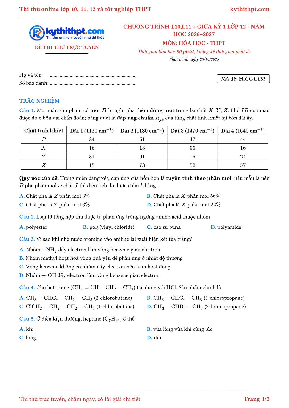 Trang đầu Đề thi thử online môn Hóa học theo chương trình lớp 10, 11 và giữa kỳ 1 lớp 12 - ôn luyện trắc nghiệm - đề 067