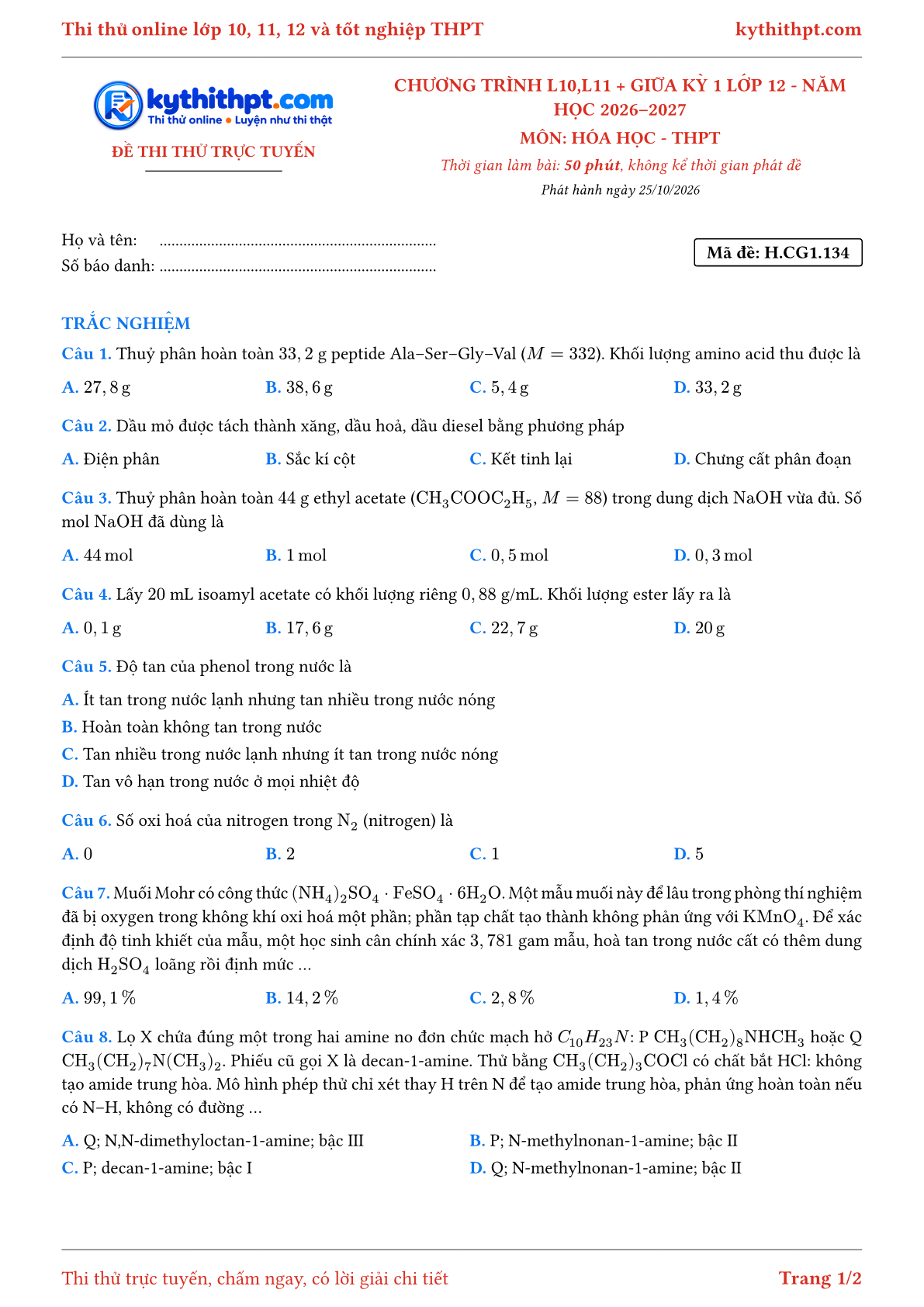 Trang đầu Đề thi thử online môn Hóa học theo chương trình lớp 10, 11 và giữa kỳ 1 lớp 12 - ôn luyện trắc nghiệm - đề 068